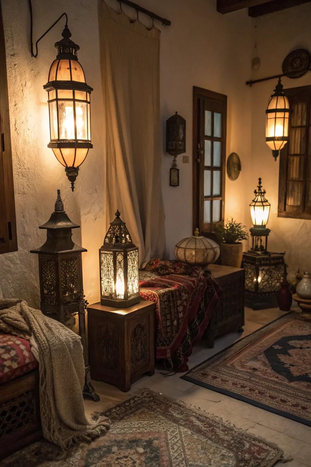 Vintage lanterns add rustic charm and warmth.
