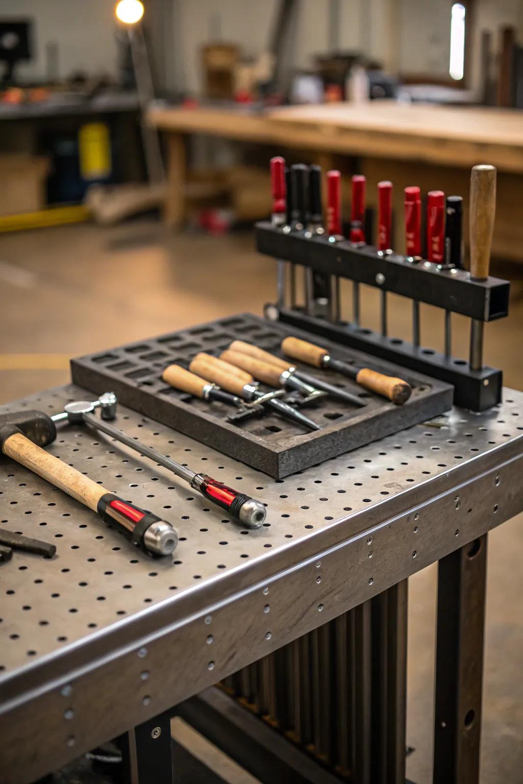 Master the art of organization with an integrated tool rack on your welding table.
