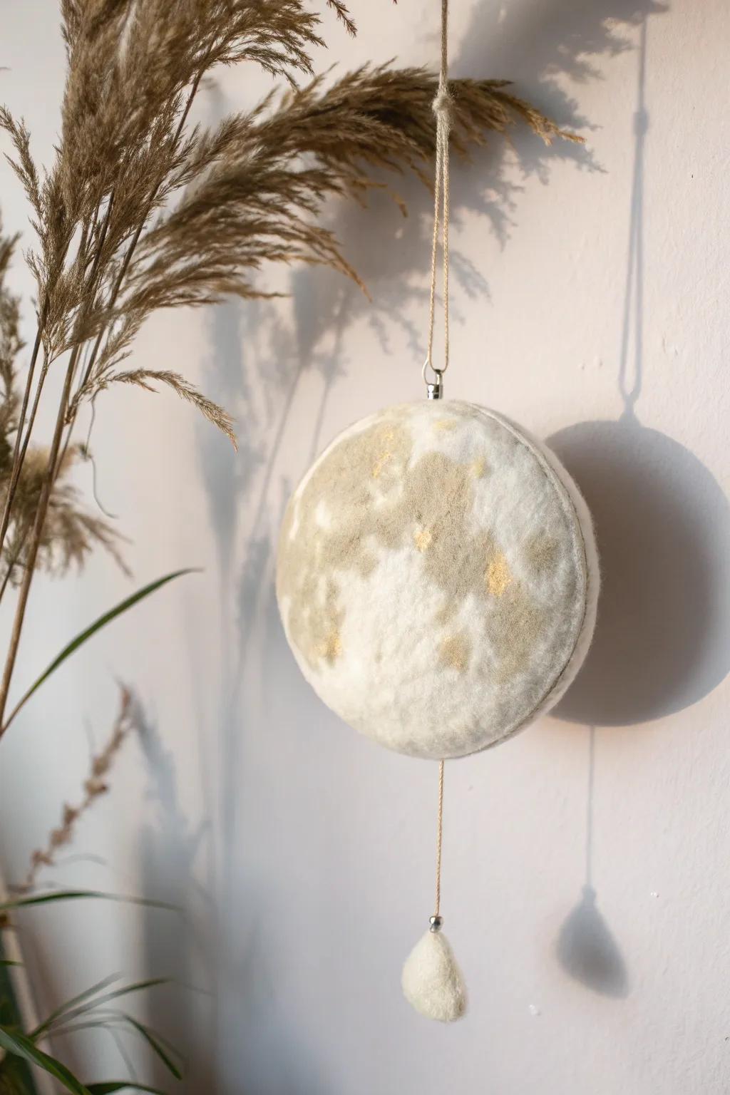 Embrace celestial serenity with a handcrafted felted moon, perfect for a dreamy minimalist space.