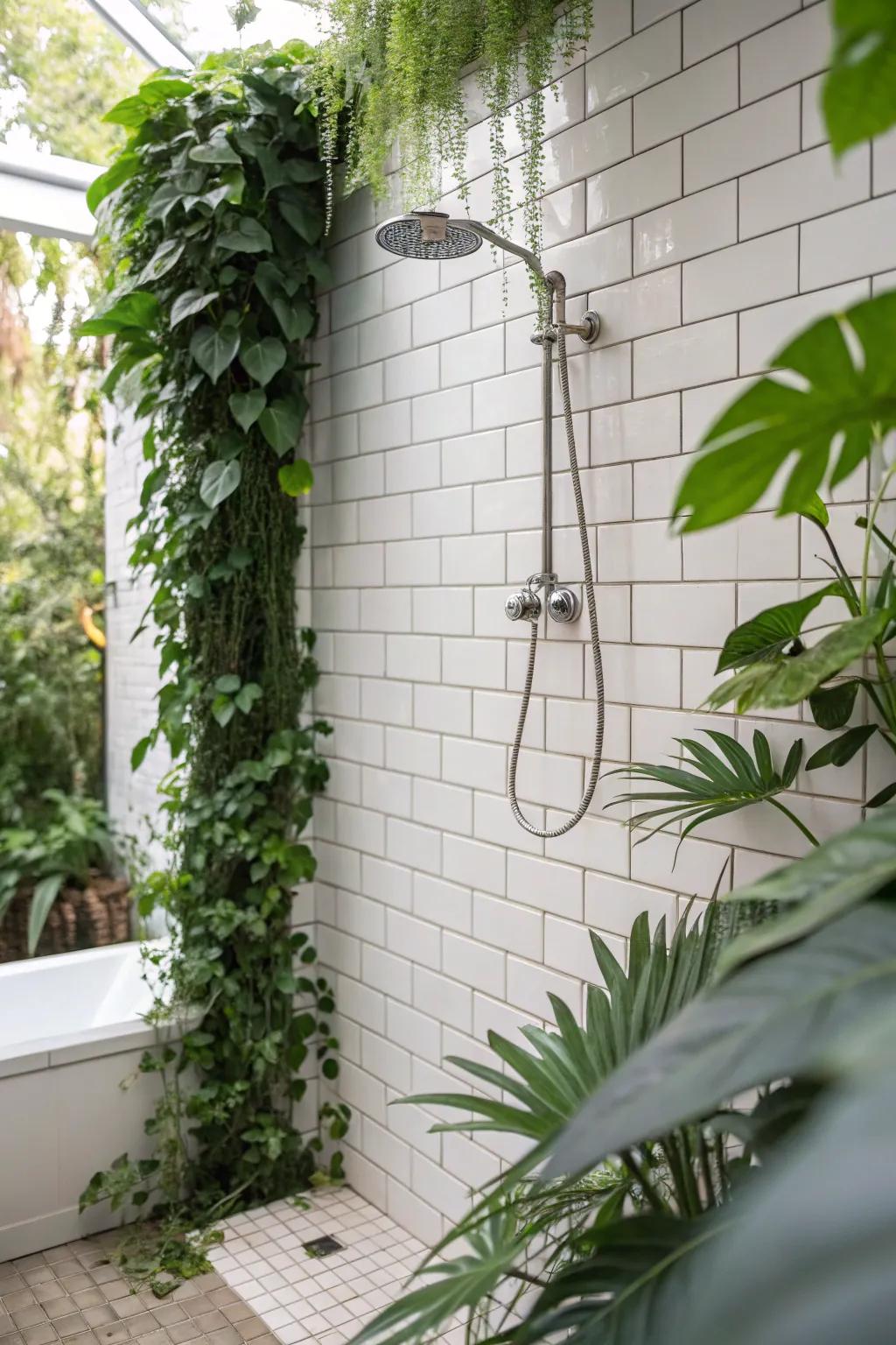 Greenery adds a fresh touch to the serene white shower space.