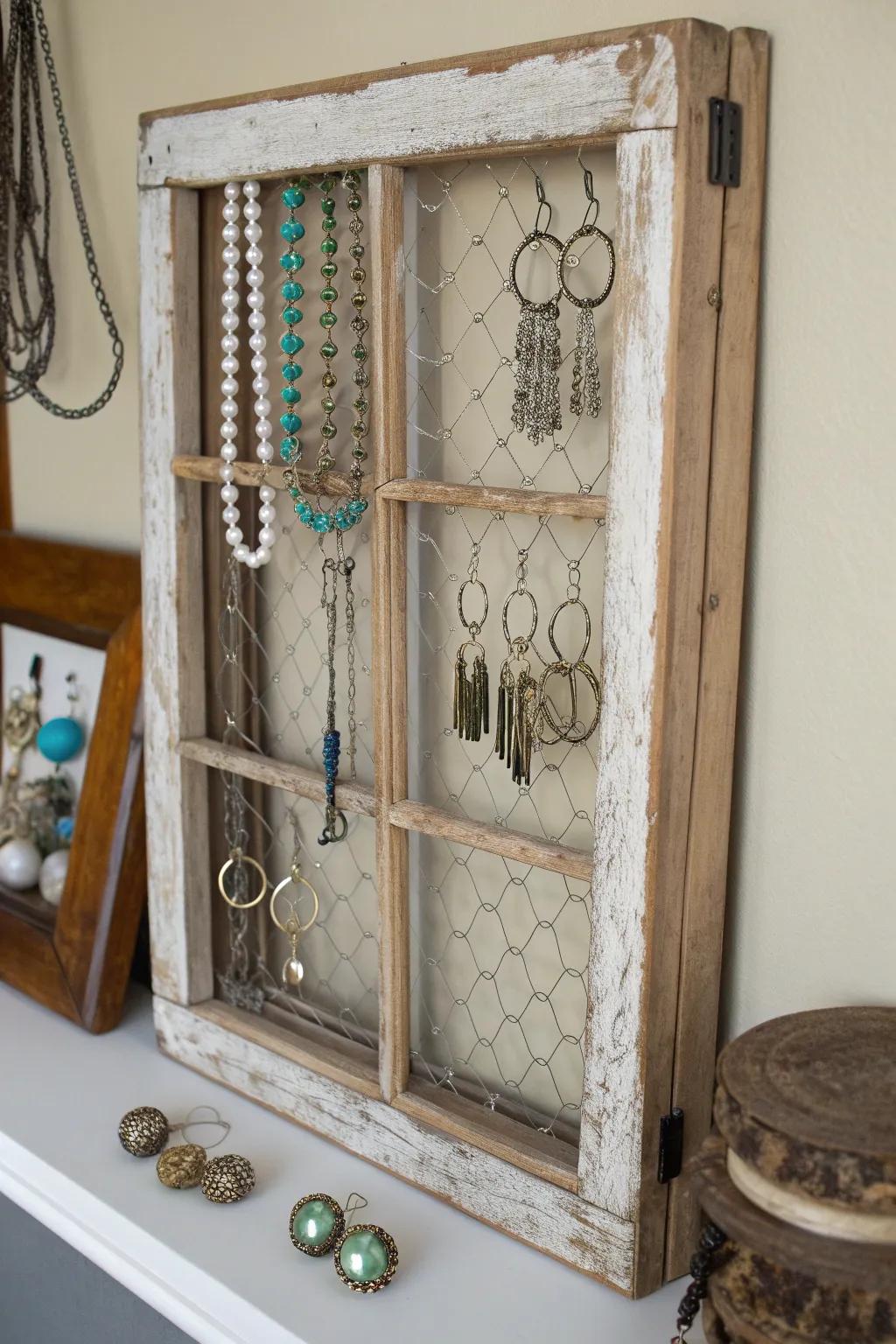 Transform your space with craftsmanship: a window frame jewelry display that marries function and style.