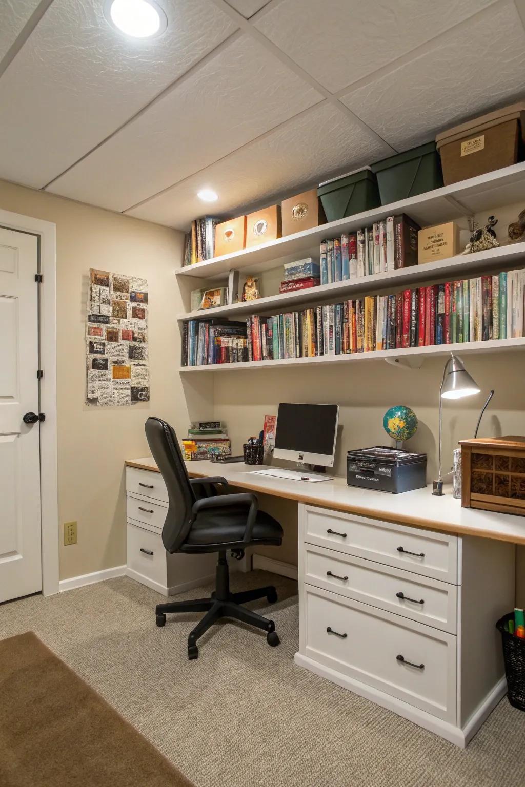 A home office in the basement offers a quiet, dedicated workspace.
