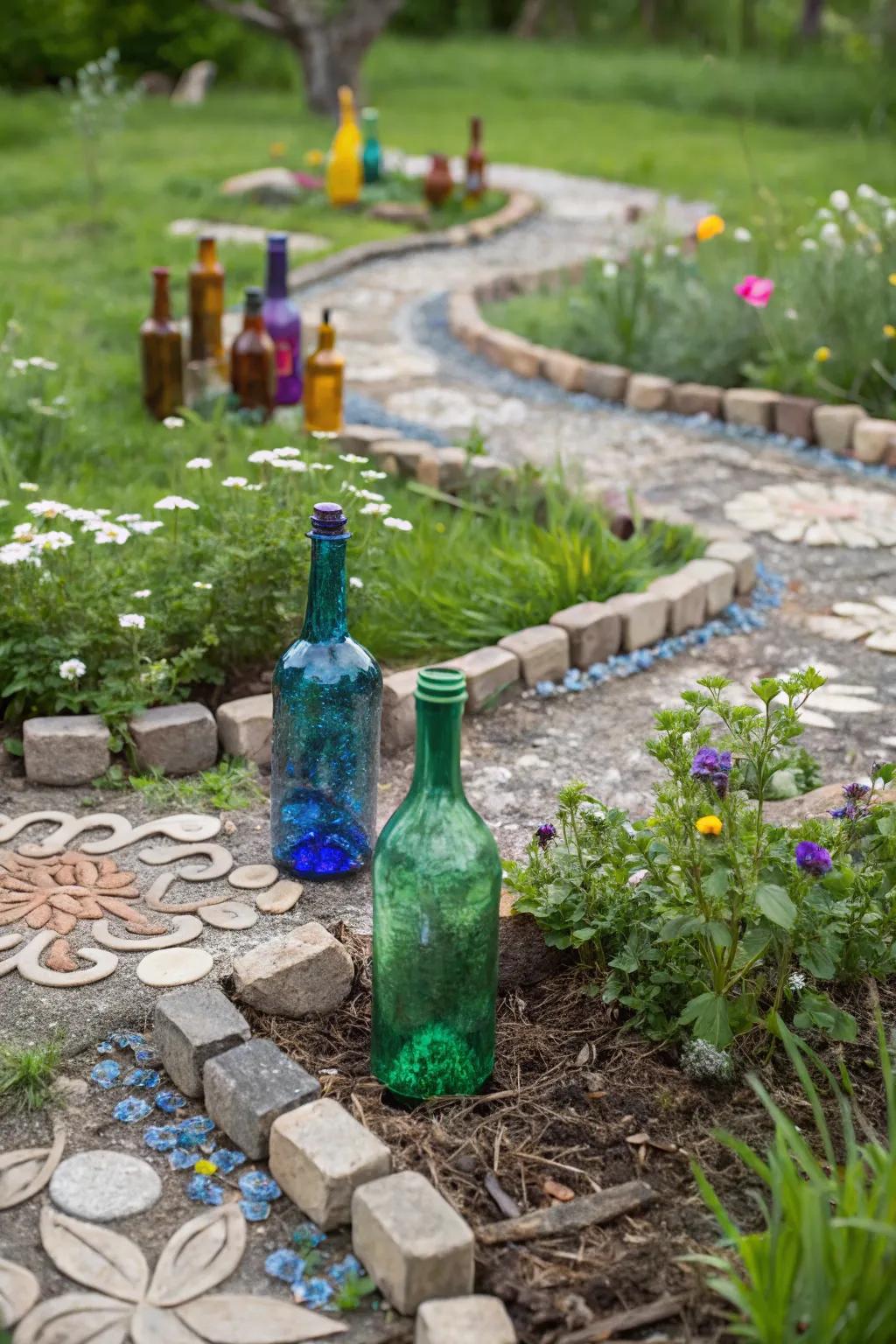 Embrace the art of simplicity with a stunning glass bottle mosaic bed – where bold colors meet natural beauty.