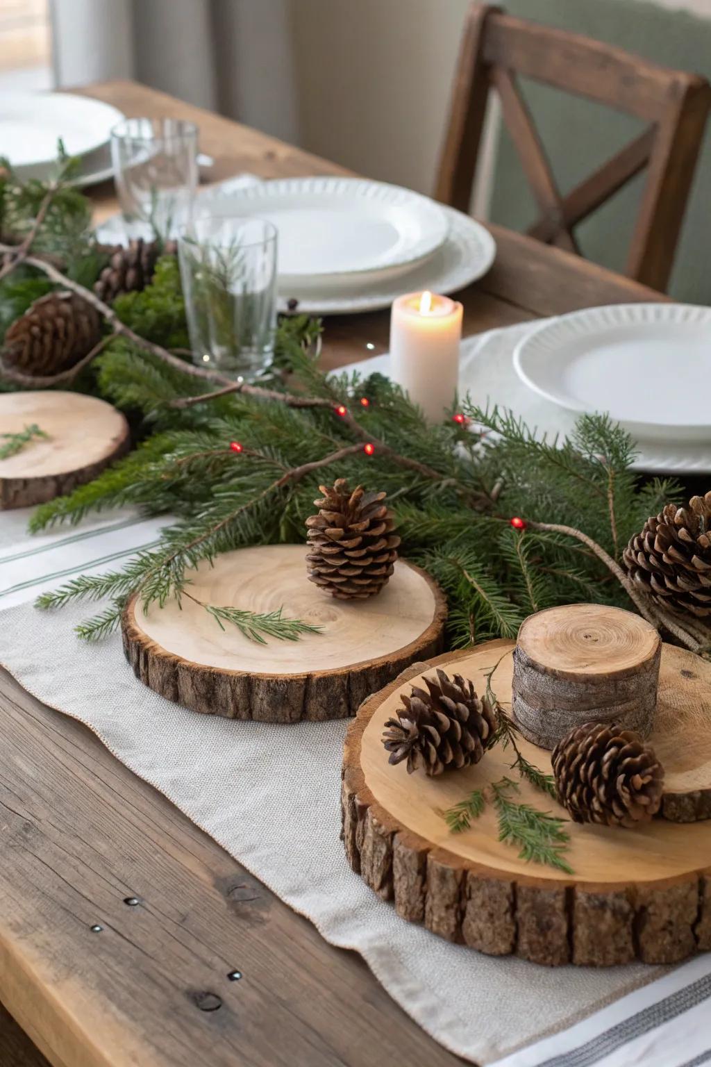 Set an inviting table with rustic winter elements.