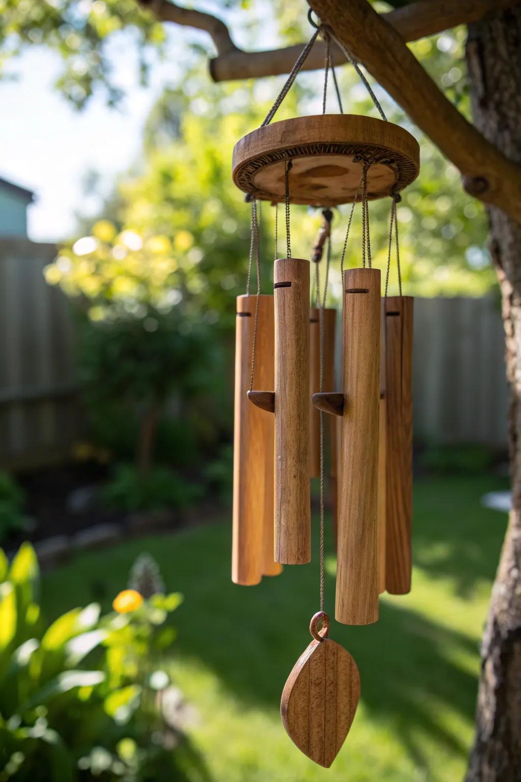 Add a touch of craftsmanship to your garden with this charming wooden wind chime.