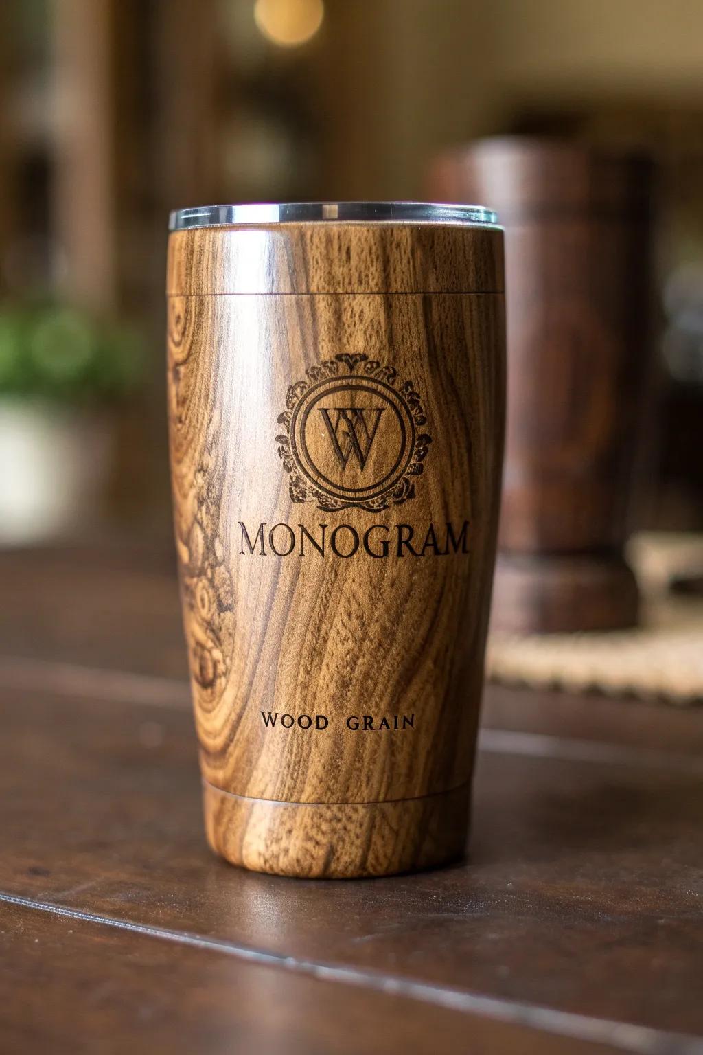 Elevate your style with a personalized monogram on a handcrafted wood grain tumbler, a perfect blend of elegance and craftsmanship.