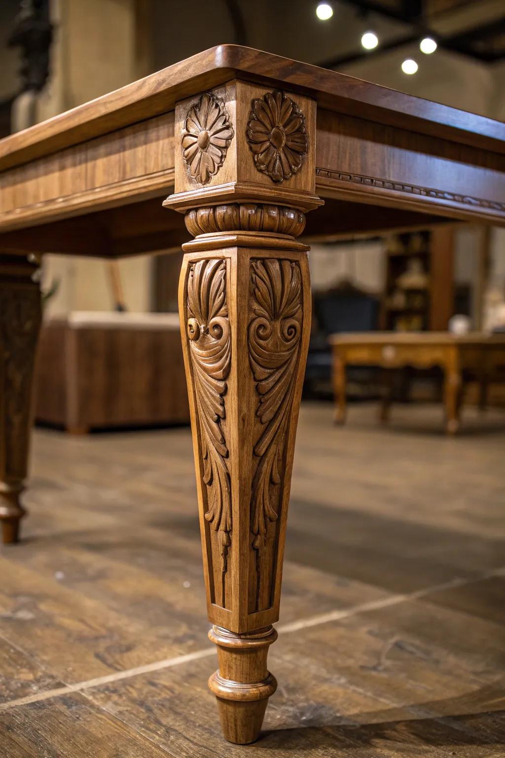 Elevate your space with the artistry of intricately carved table legs.
