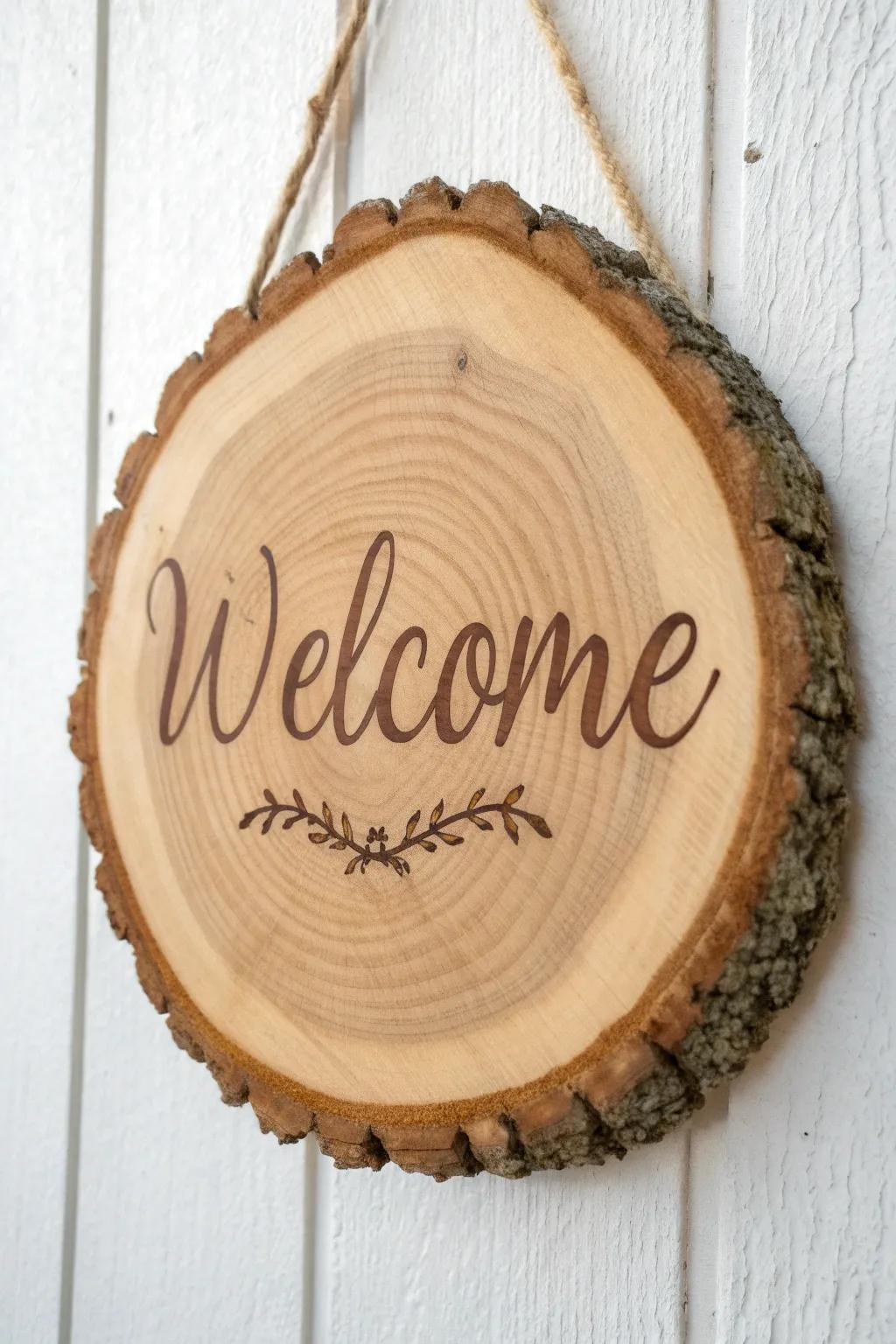 Warm up your home with a personalized touch: A handcrafted wood slice welcome sign that blends simplicity with stylish elegance.