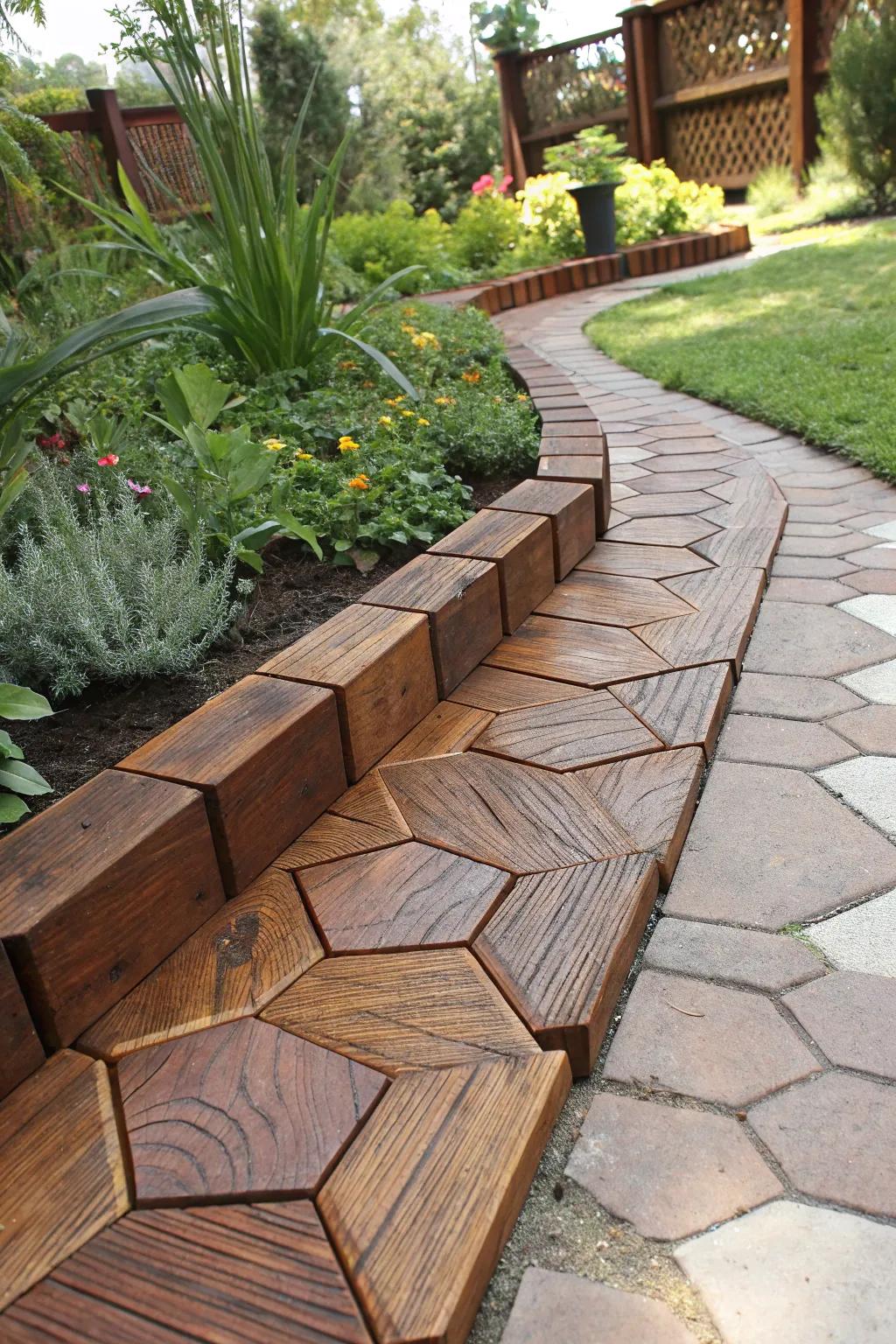 Elevate your garden with striking geometric wooden edging that showcases exceptional craftsmanship.