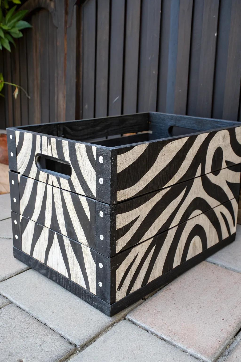 Unleash the wild side of your decor with bold zebra prints on handcrafted wooden crates.