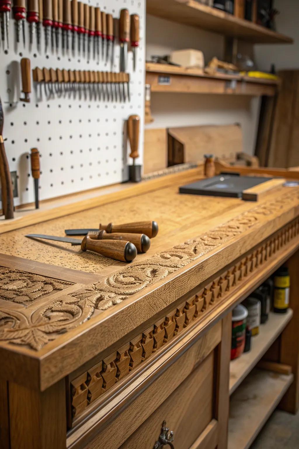 Elevate your woodworking with an expertly organized workbench and pegboard setup. Craftsmanship meets functionality.