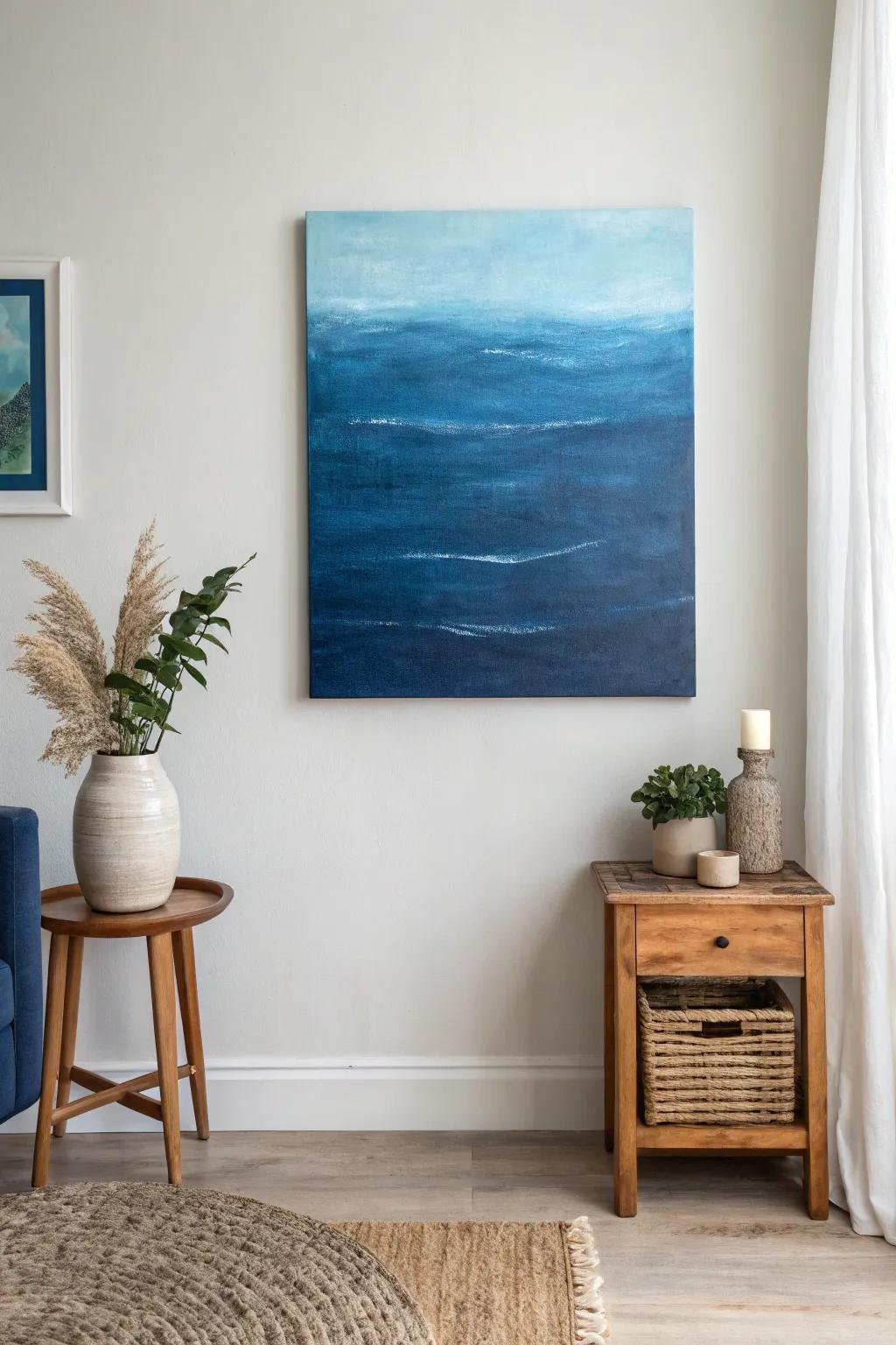 Dive into the depths of monochrome magic with a stunning blue canvas that transforms your space.