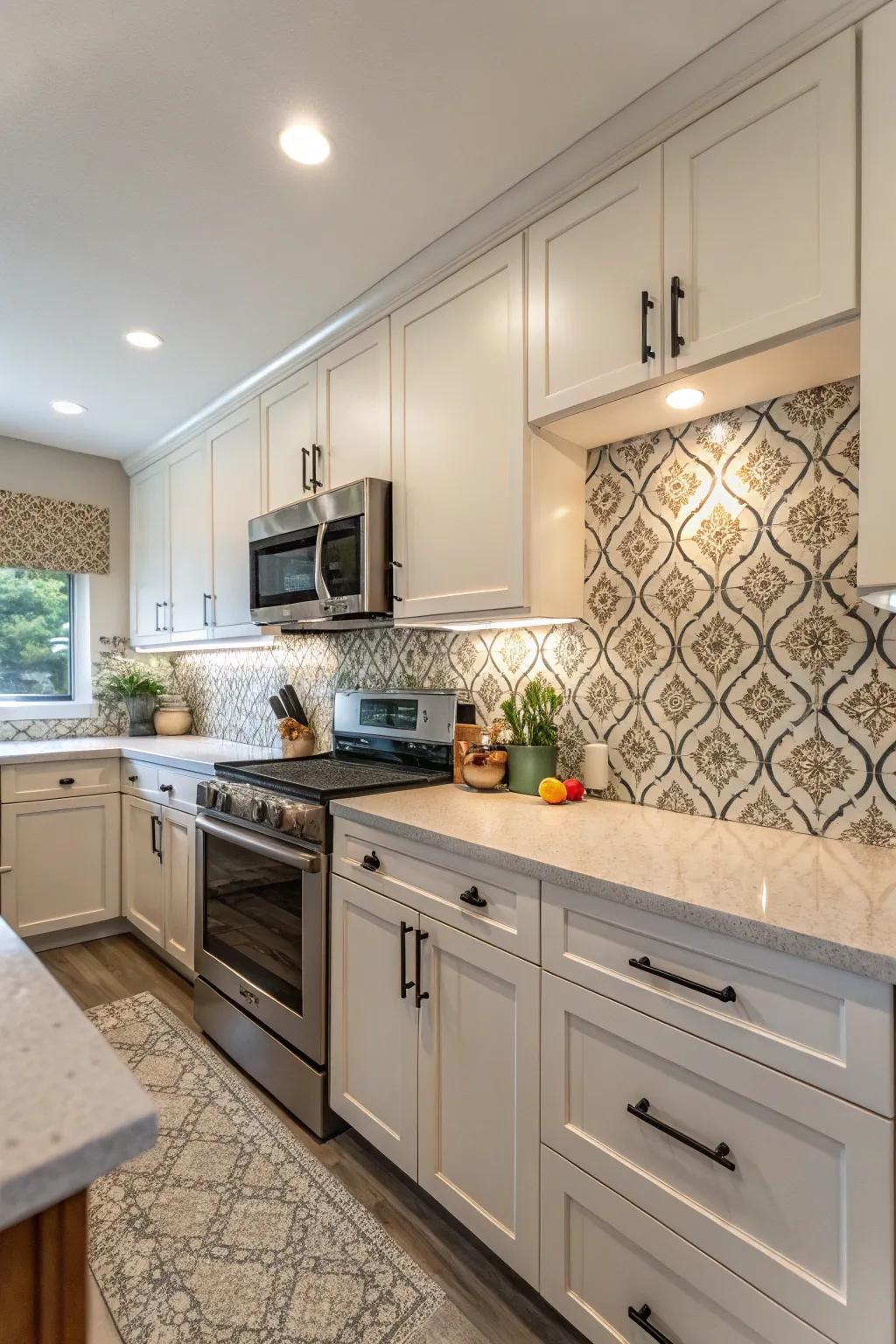 Patterned quartz adds dynamic style and intrigue to kitchen walls.