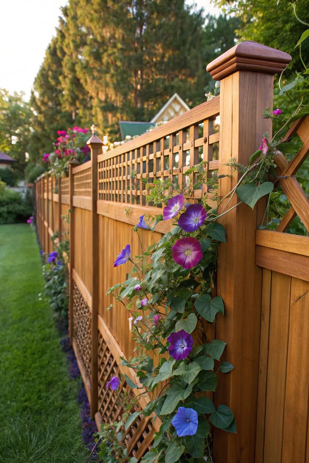 Elevate your garden with a beautifully crafted trellis fence, where vibrant morning glories meet artisan woodwork.