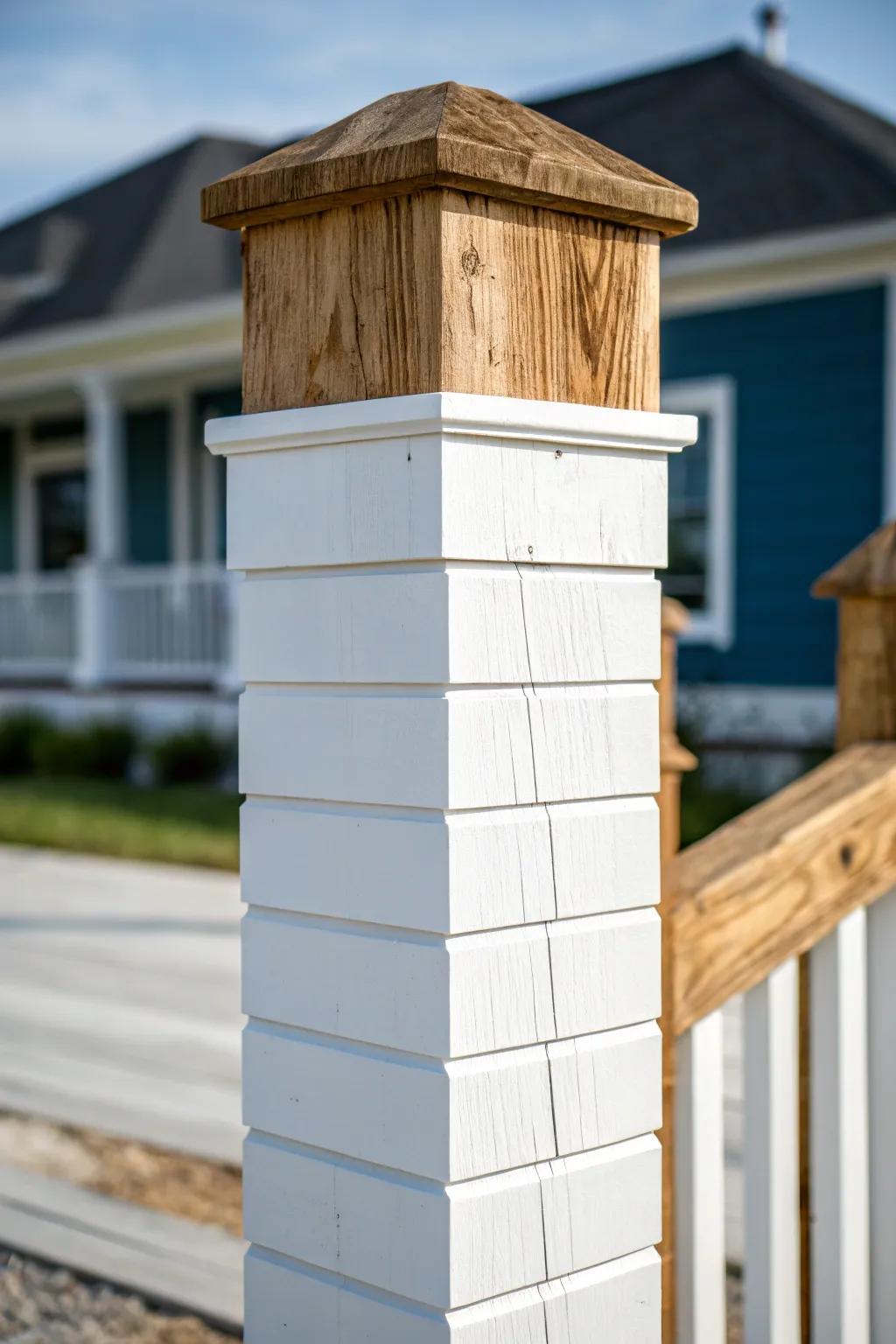 Embrace farmhouse elegance with a shiplap-wrapped post that transforms any space into a cozy retreat.