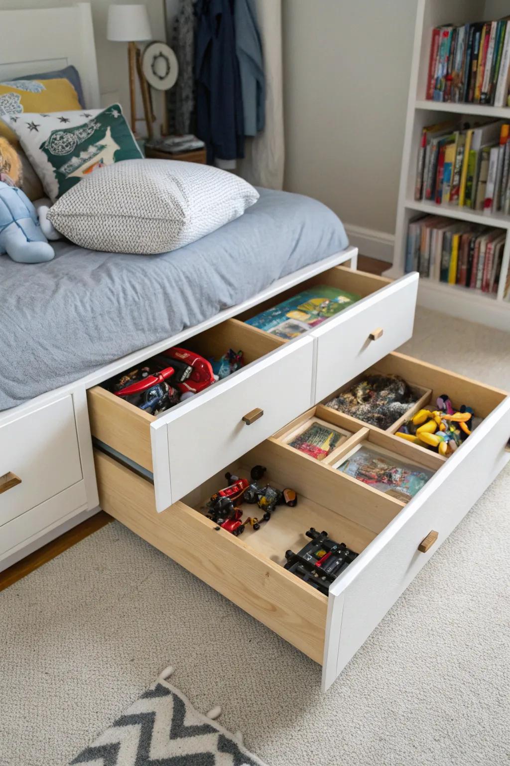 Under-bed drawers provide hidden storage for action figures.