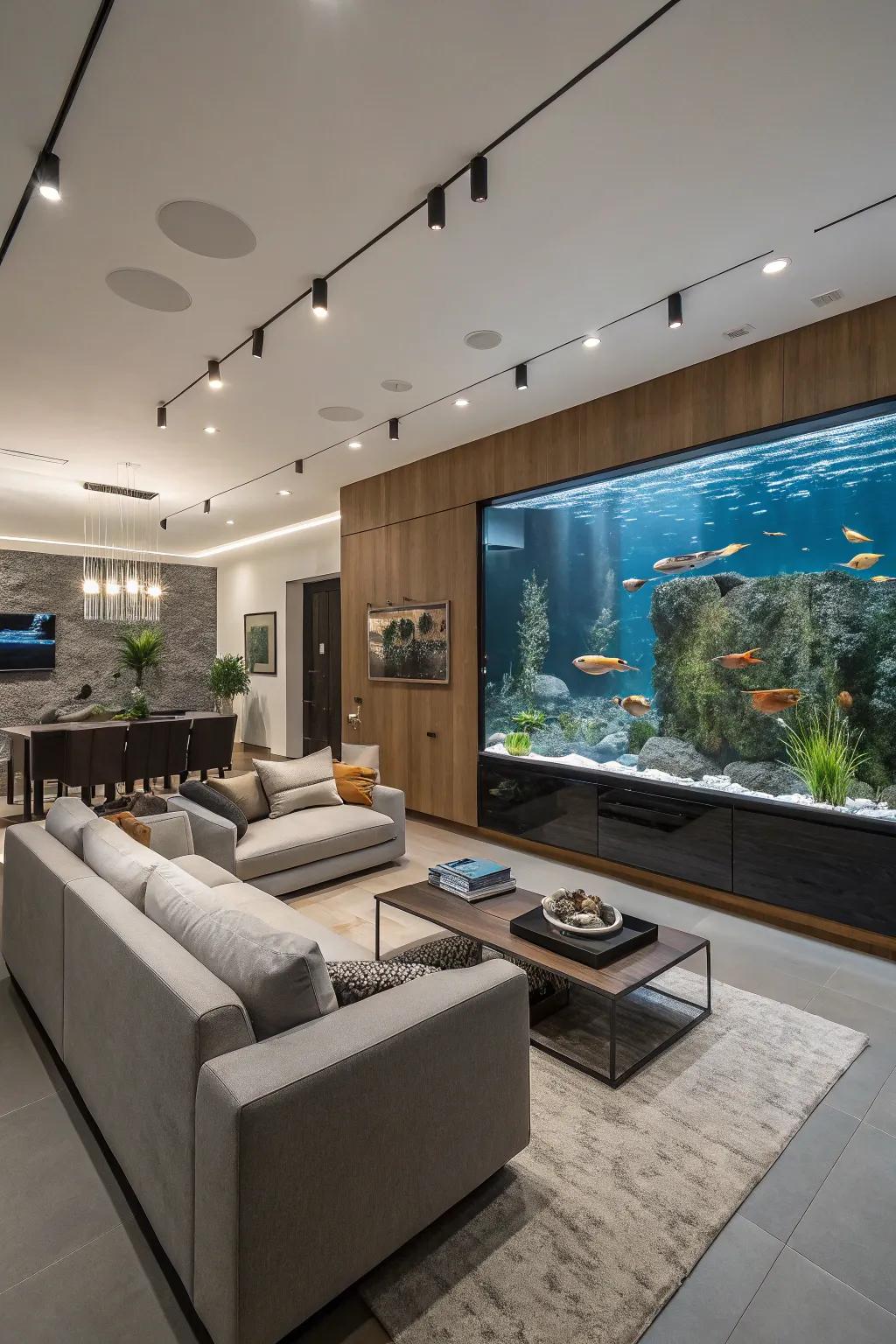 An aquarium room divider elegantly separates spaces while maintaining openness.