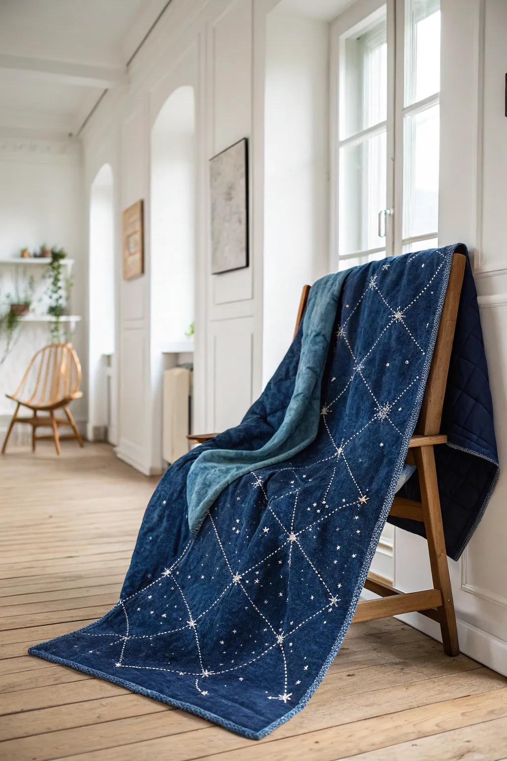 Embrace the cosmos with this enchanting night sky quilt, where simplicity meets celestial beauty.