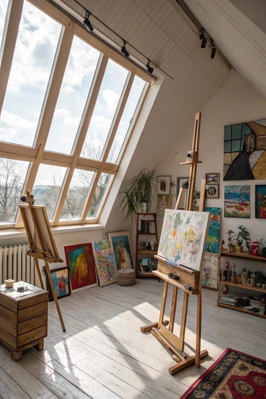 A bright and inspiring art studio nestled in the attic.