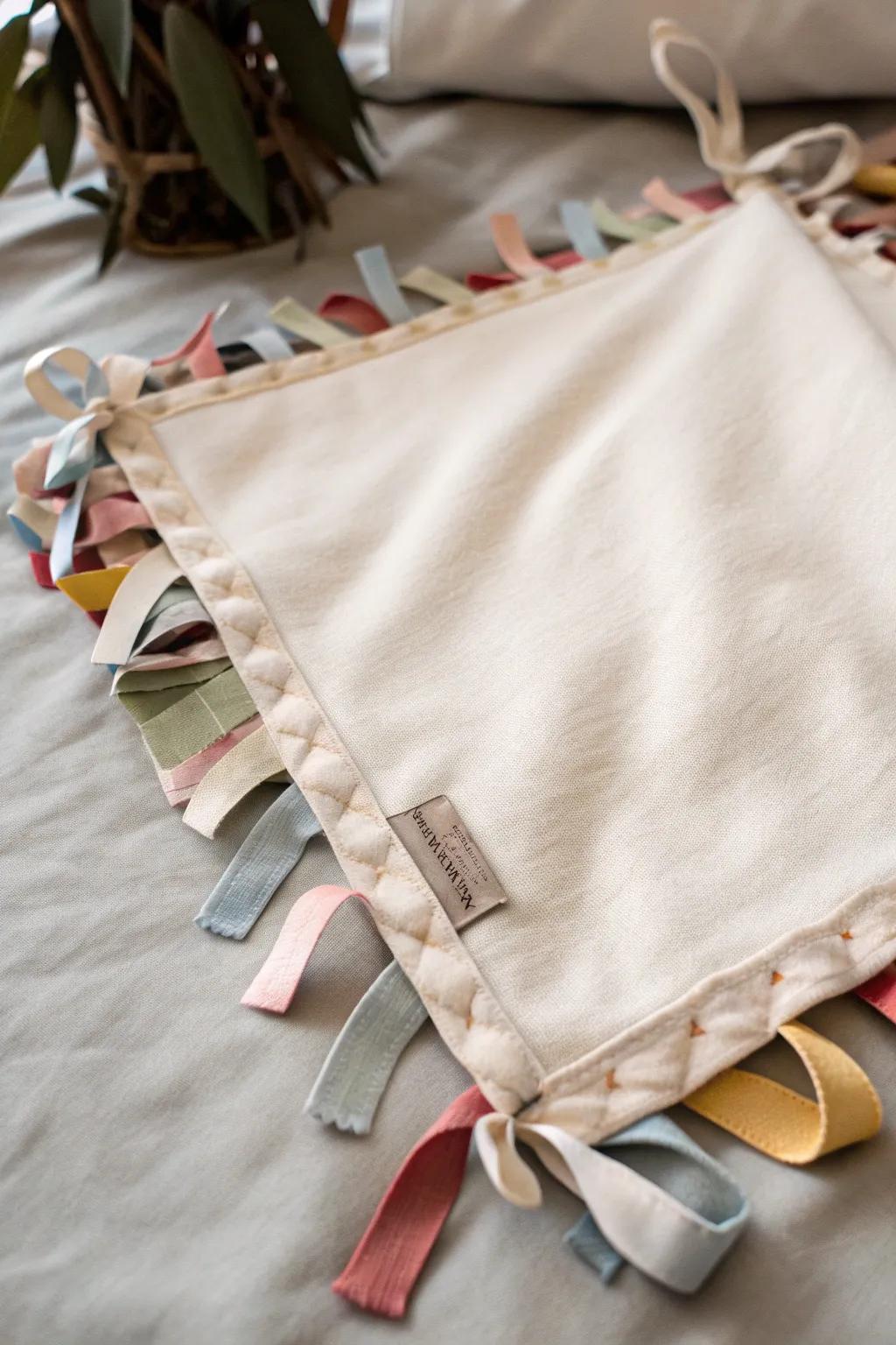 Explore the charm of simplicity and natural beauty with these delightful ribbon tag blankets, perfect for your little one's sensory journey.