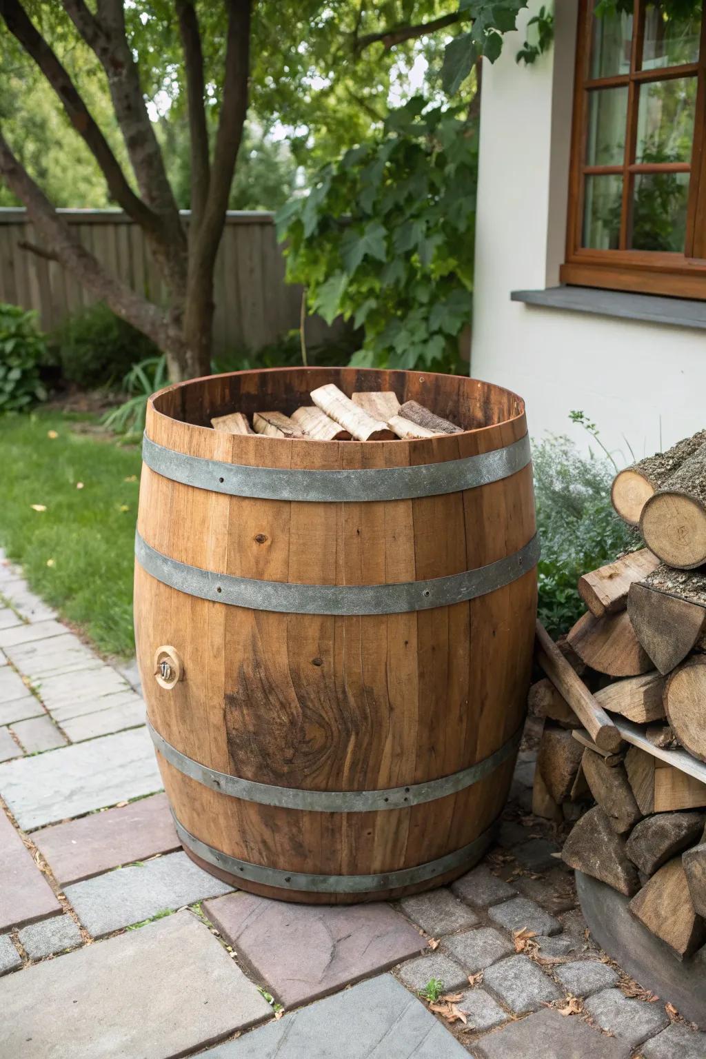 Transform your backyard with rustic elegance: a wine barrel storage bin perfect for firewood.