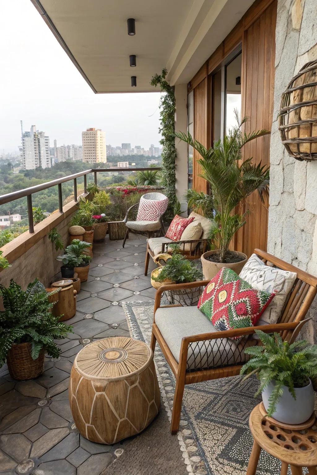 Mixing materials creates a dynamic and personalized balcony space.