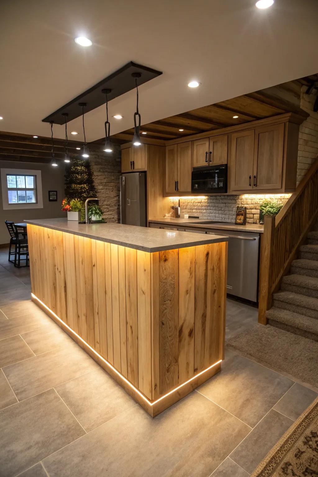 Eco-friendly features bring sustainability to your basement island.
