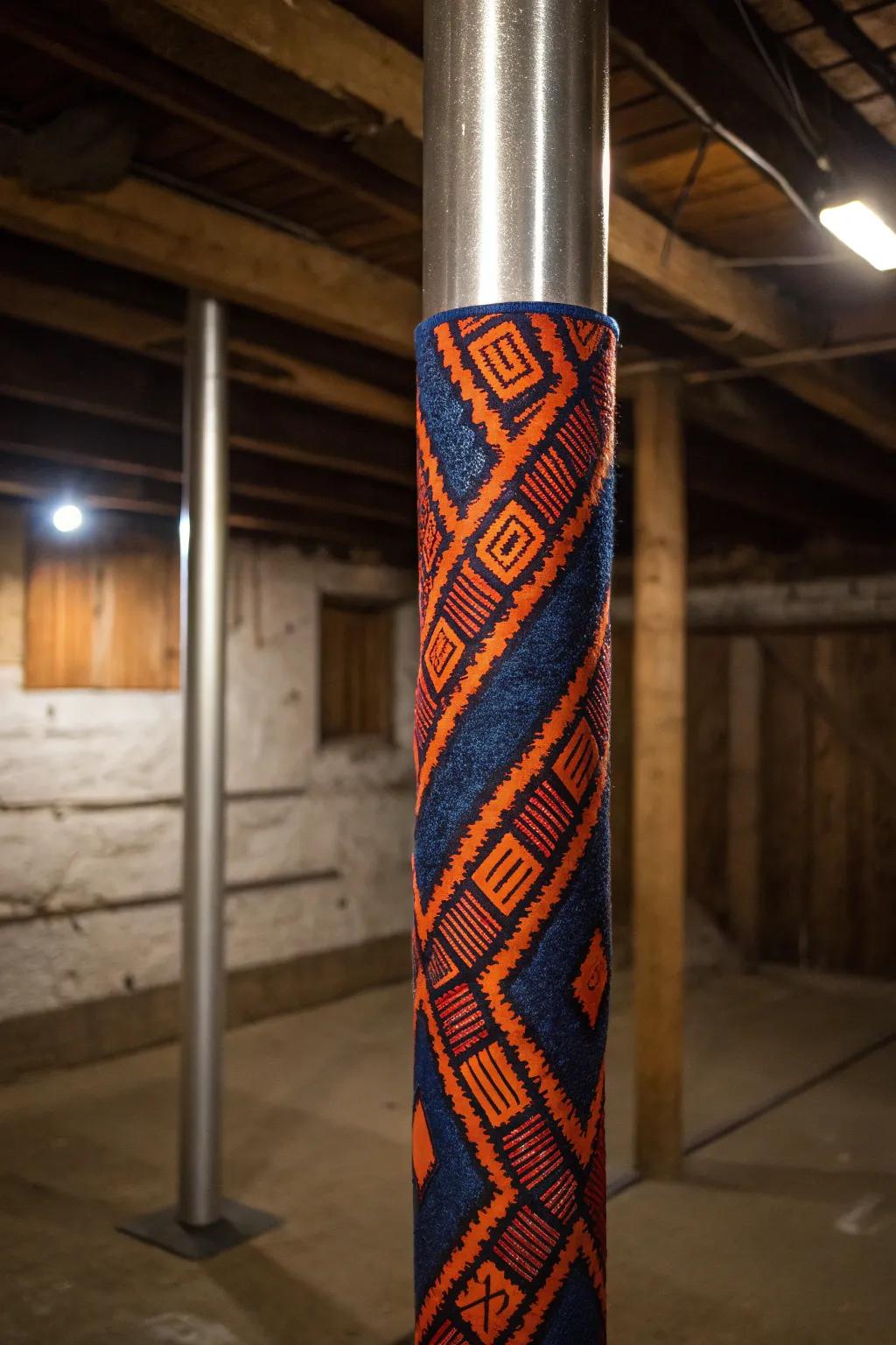 Transform your basement with the art of fabric wrapping, where bold patterns meet cozy elegance.