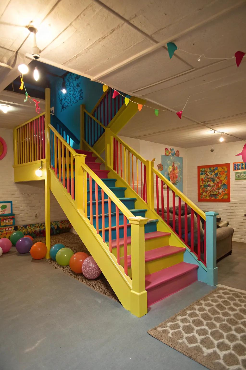 Colorful railings add a playful and vibrant touch to basement stairways.