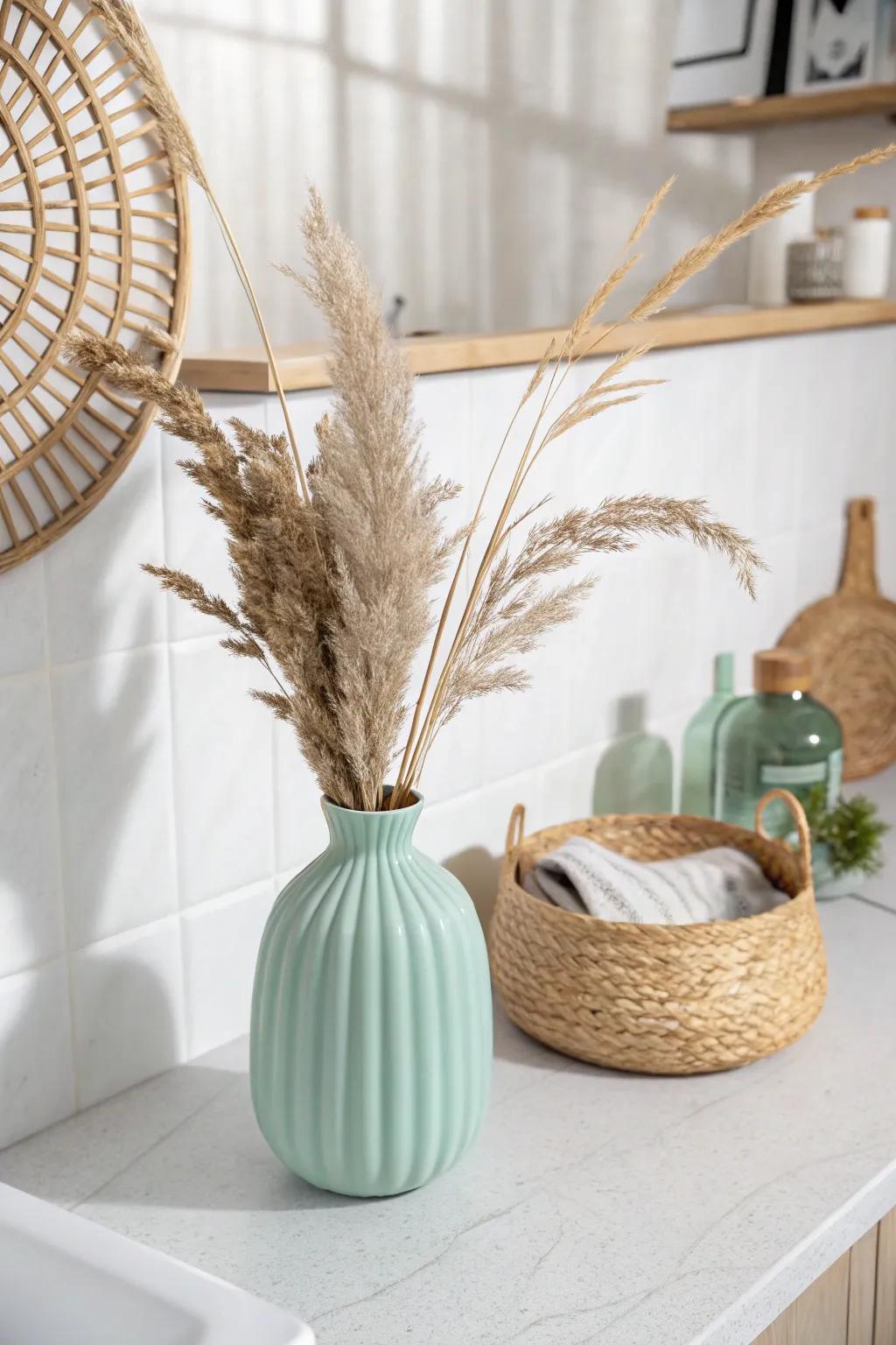 Add a touch of serenity with soft mint and natural textures for a refreshing bathroom vibe.