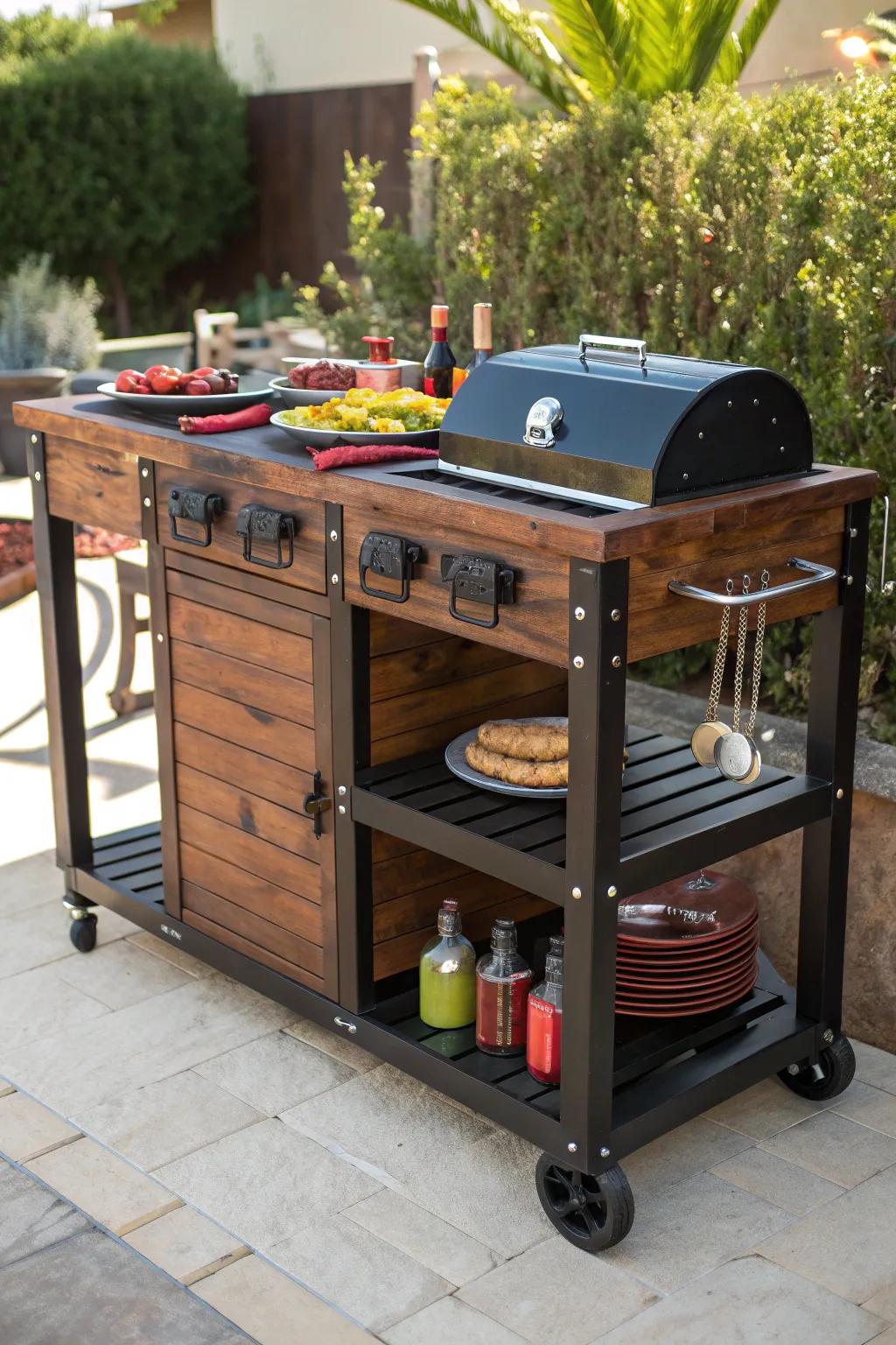 Elevate your BBQ game with this versatile rolling cart, crafted for style and mobility.
