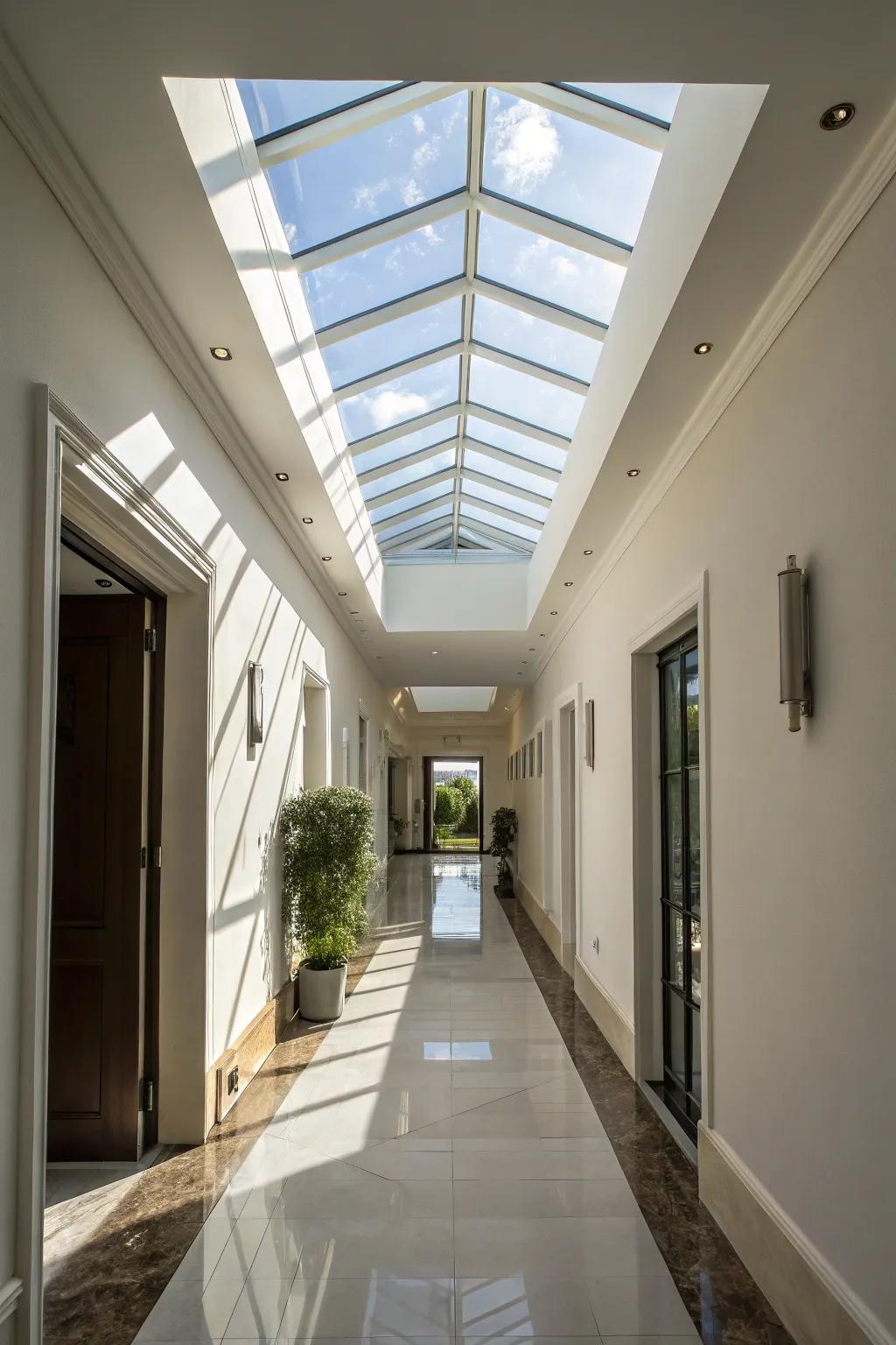 A skylight brightens and transforms the hallway.