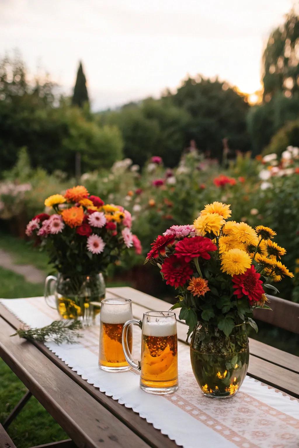 Beer mugs with flowers add a fresh twist to decor.