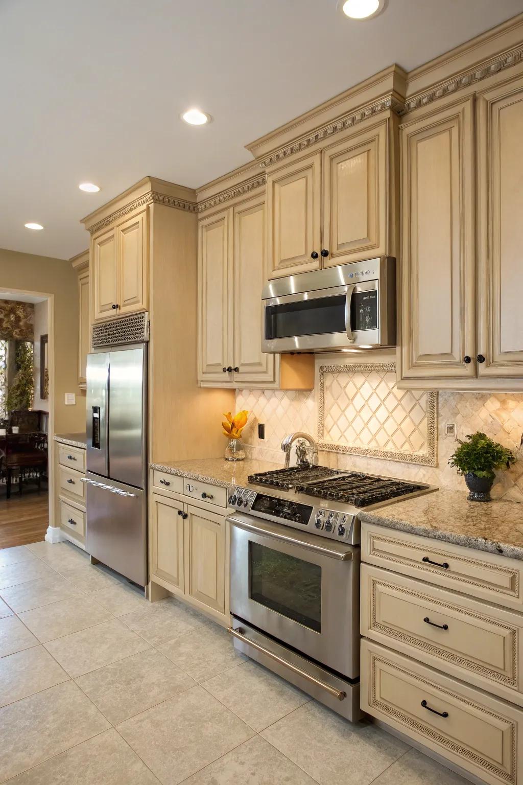A charming blend of traditional and modern in beige kitchens.