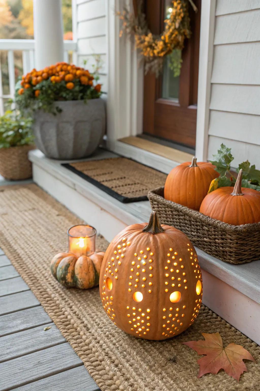 A pumpkin with symmetrical dots creating a beautiful tealight effect.