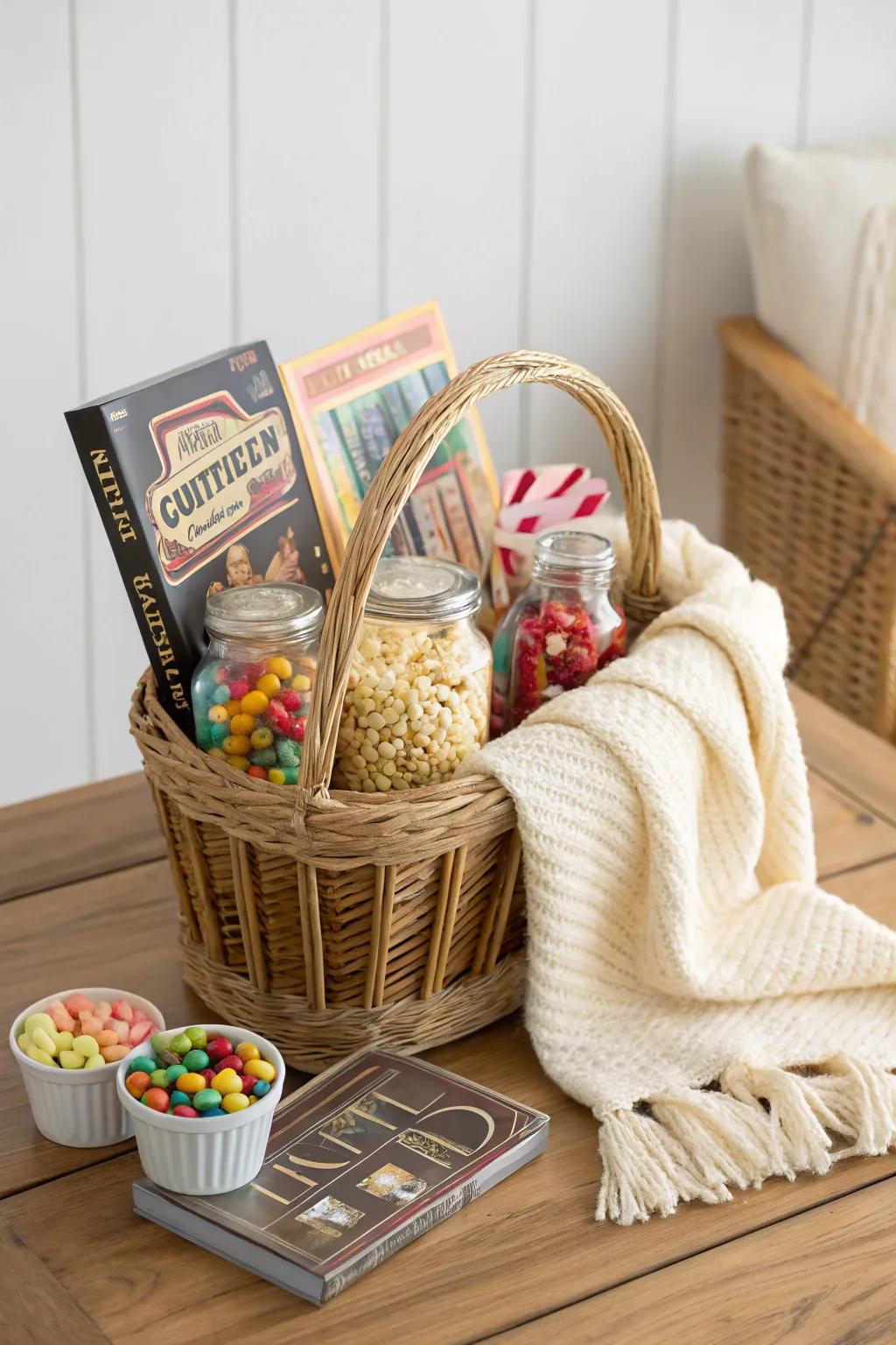 Elevate your birthday gift with a cozy movie night basket - the perfect blend of comfort and style!