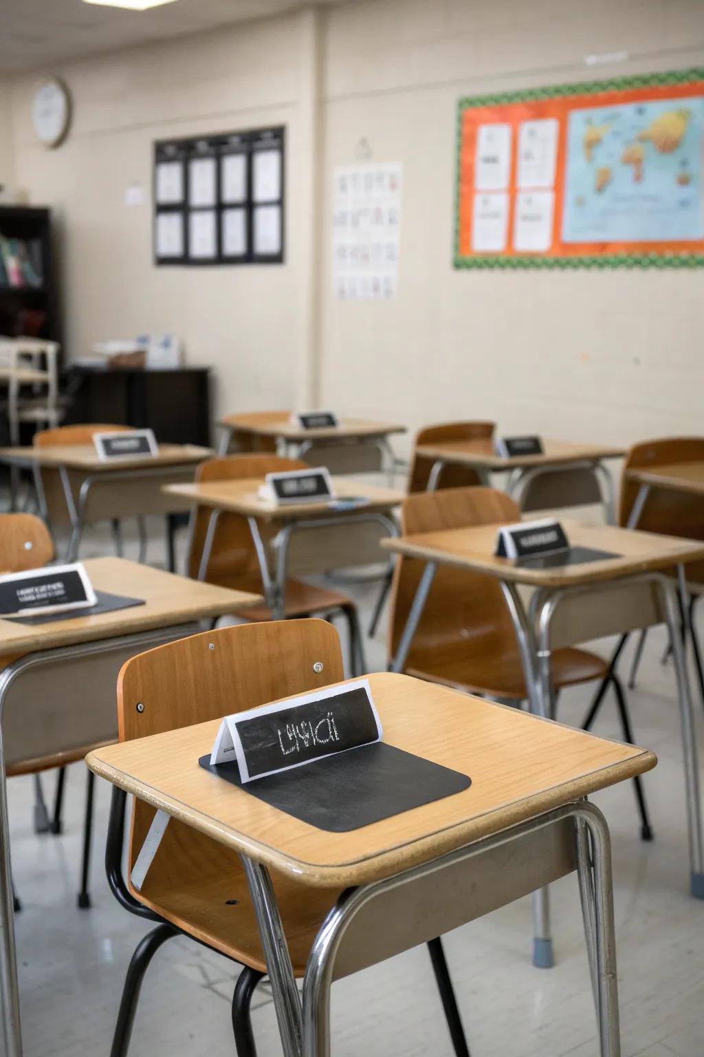 Personalized name tags adding a personal touch to student desks.
