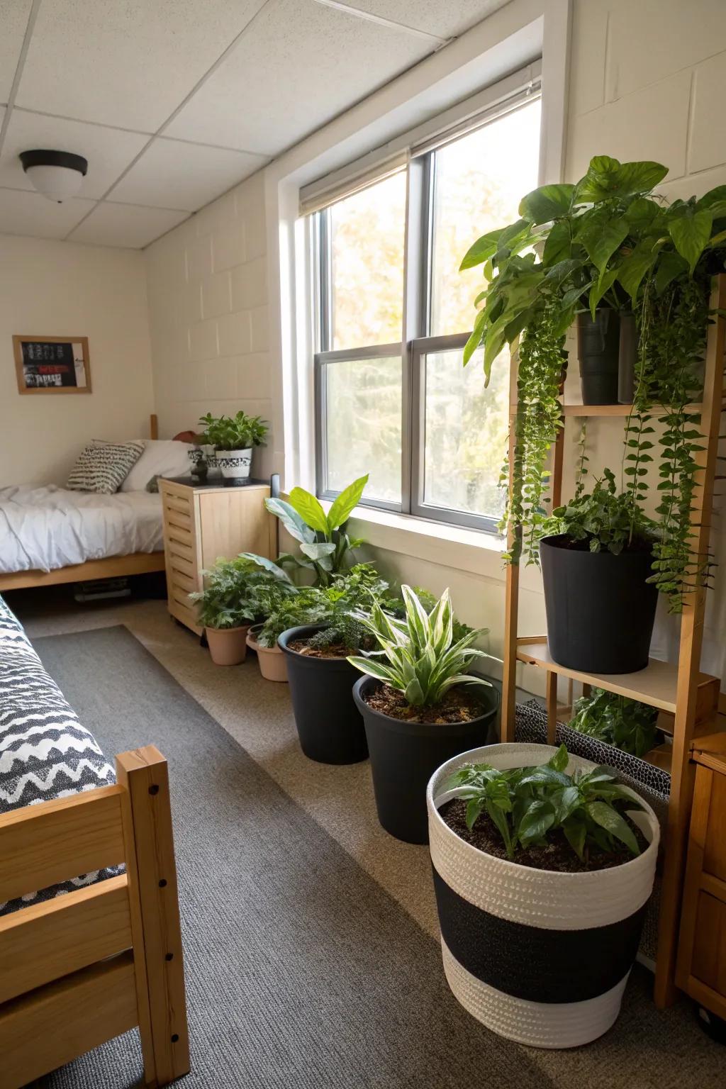 Greenery enlivens a monochrome space.