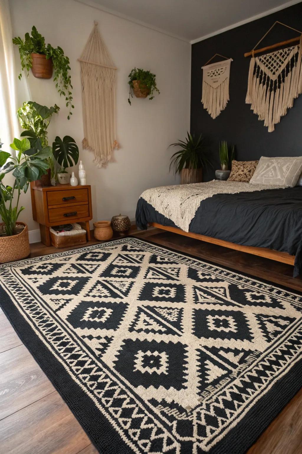 A geometric rug ties together the black boho bedroom aesthetic.