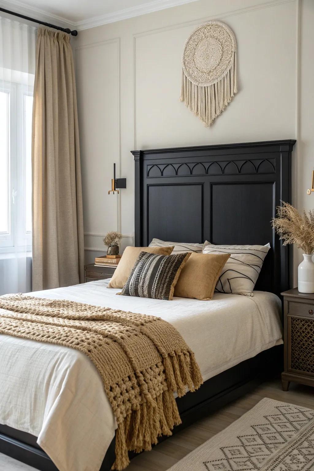 Elevate your bedroom's elegance with a chic black headboard that blends minimalist Scandinavian design with a boho twist.