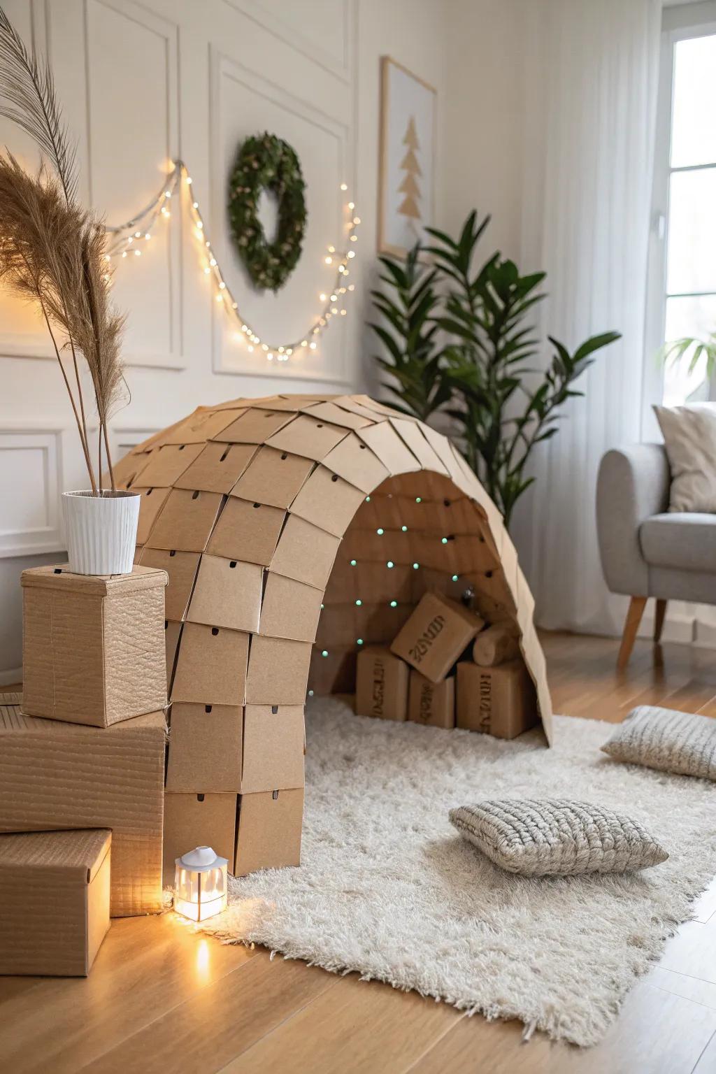 Discover endless adventures with a charming cardboard tunnel in your cozy living space.