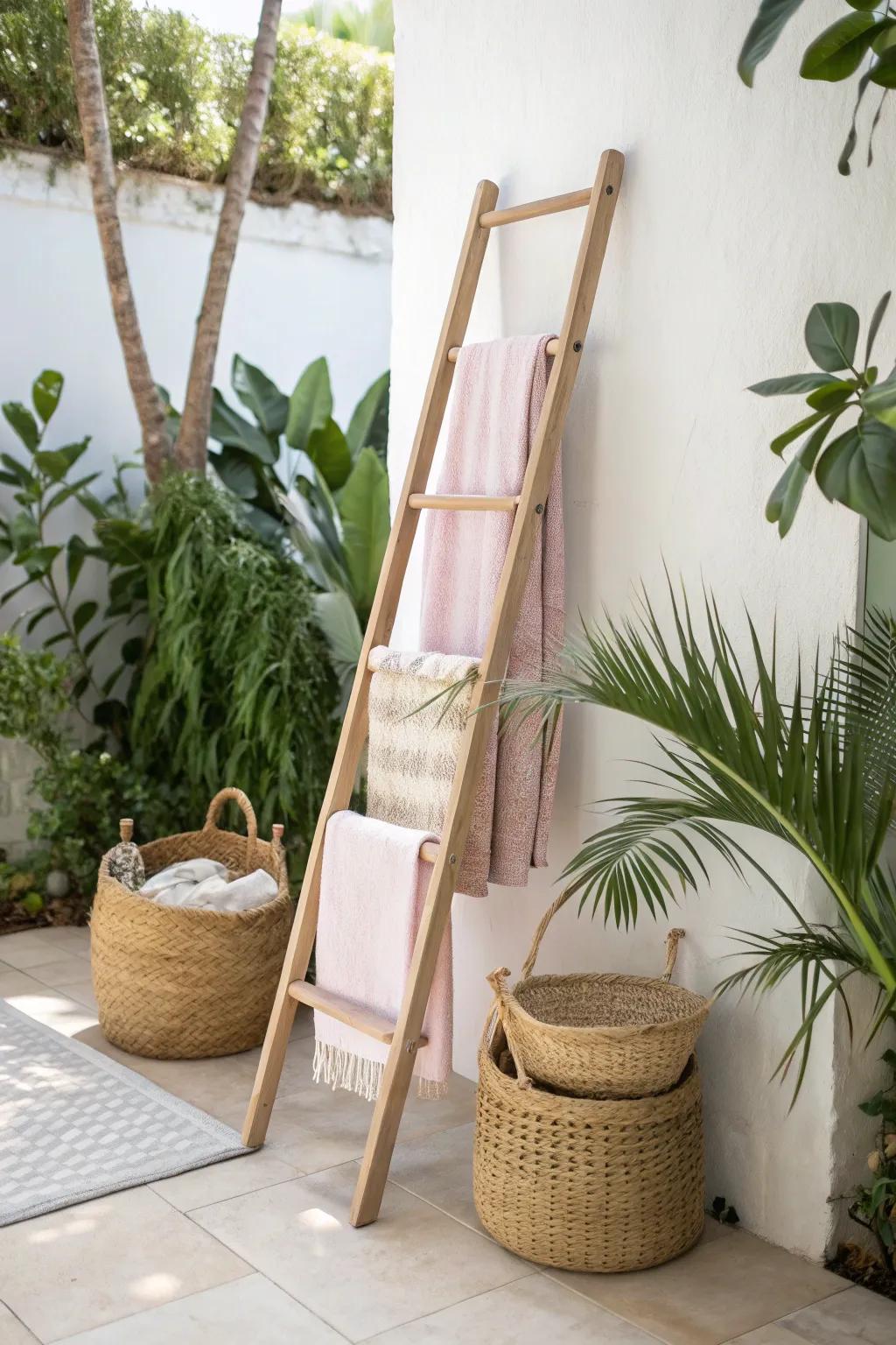 Transform your patio into a serene outdoor oasis with a stylish ladder for towel and basket storage.