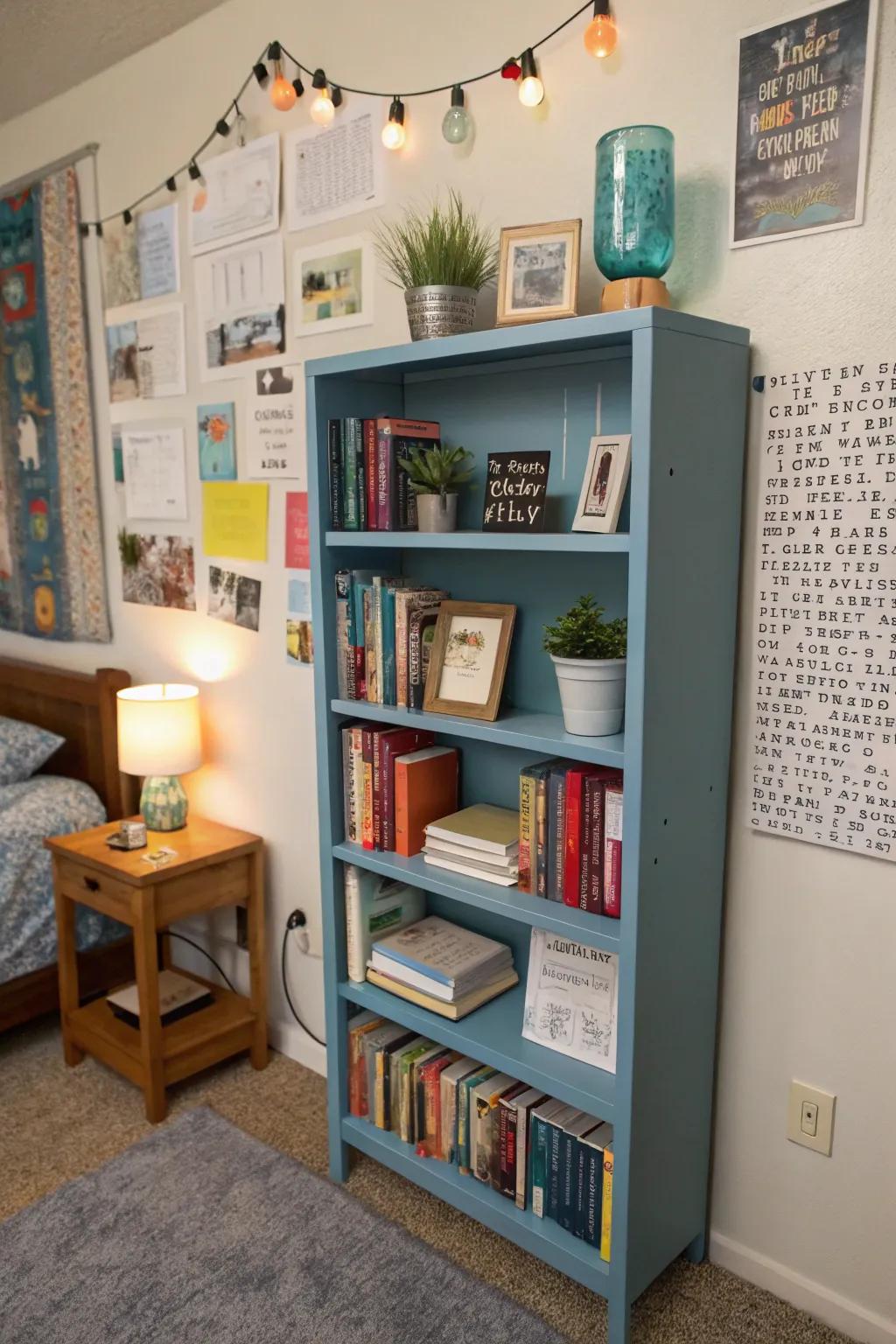 A blue bookshelf adds functionality and flair.