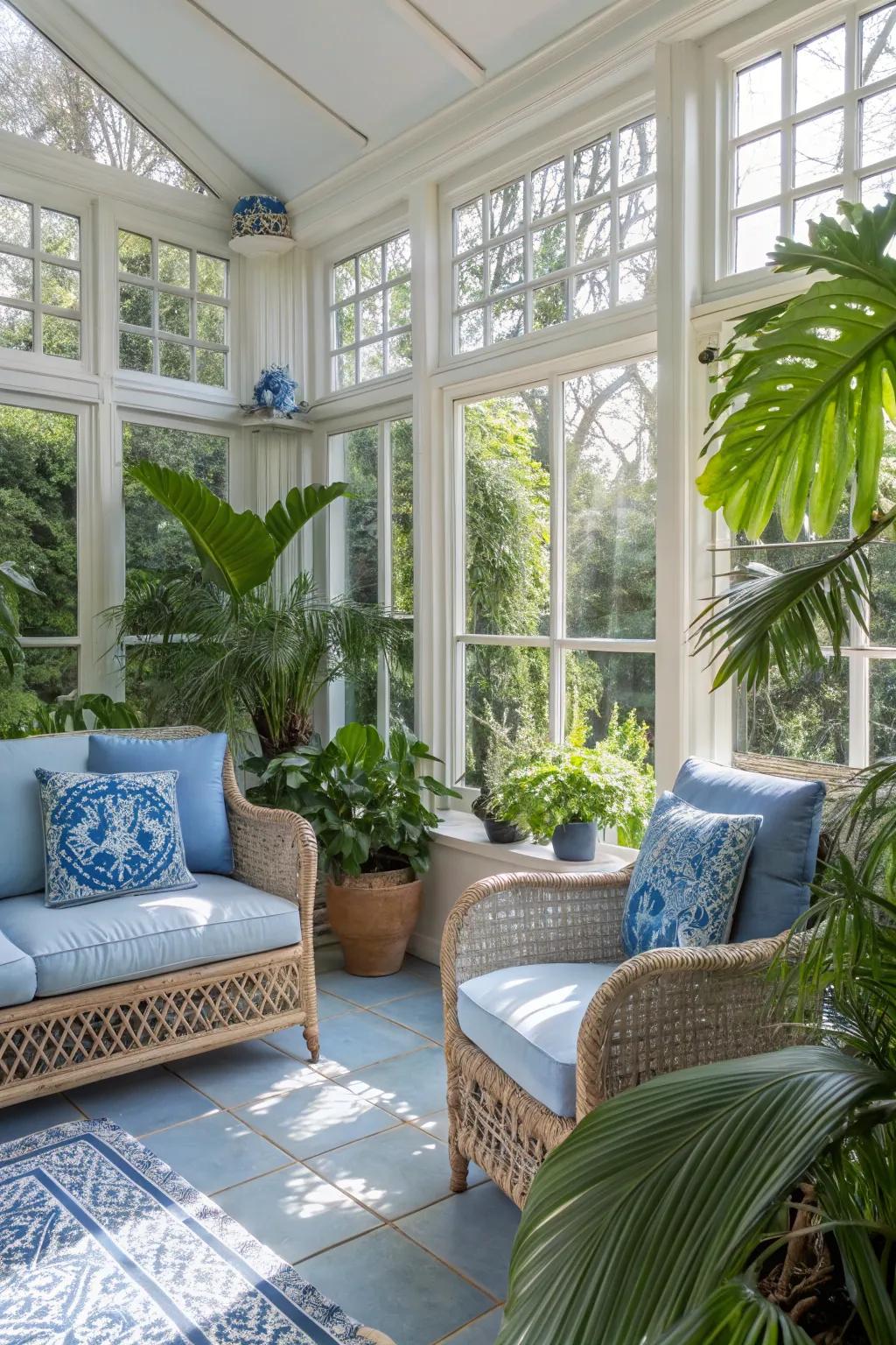 Blue decor and greenery create a harmonious blend.
