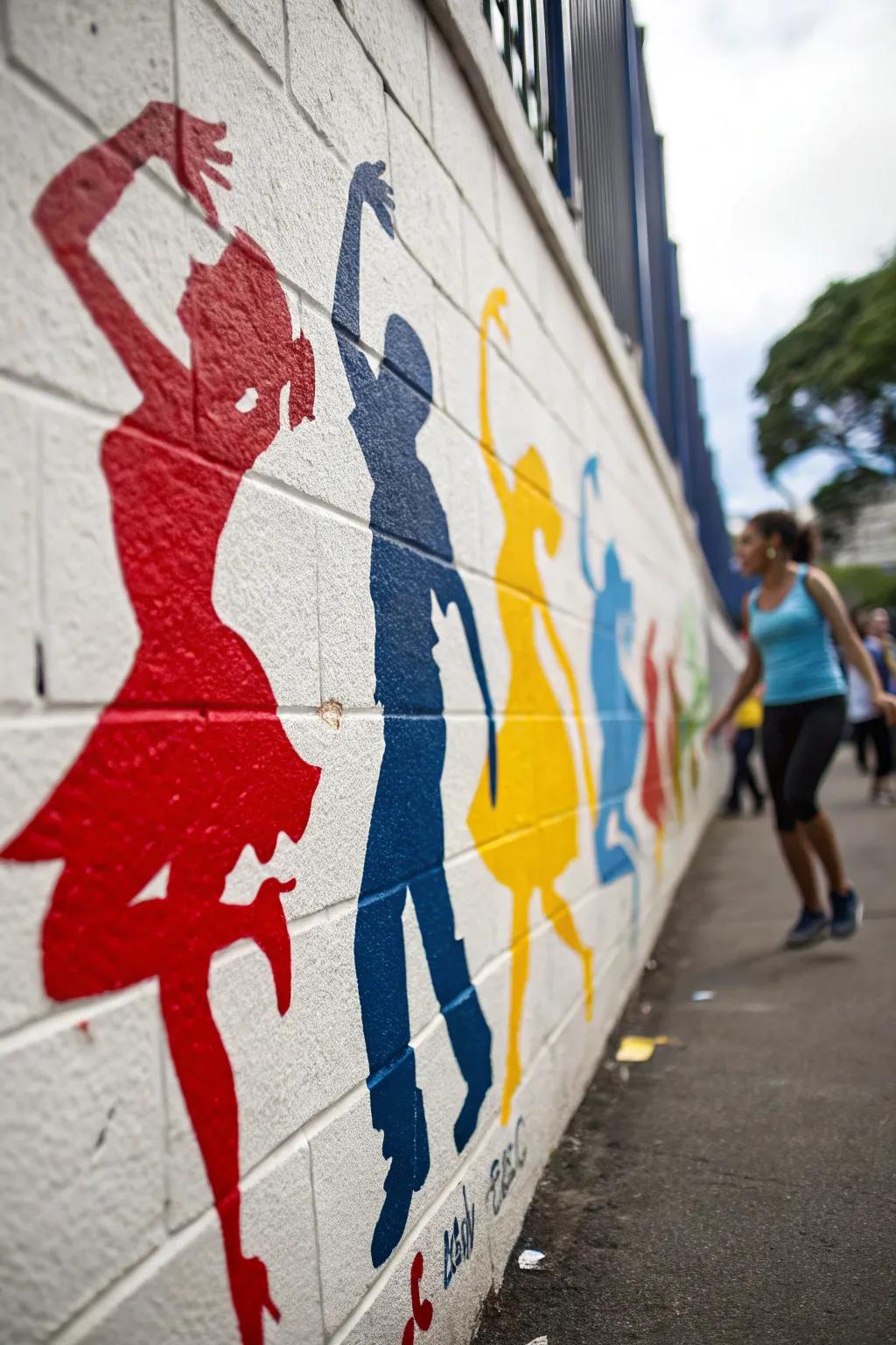 A wall that dances with life, featuring colorful samba dancer silhouettes.