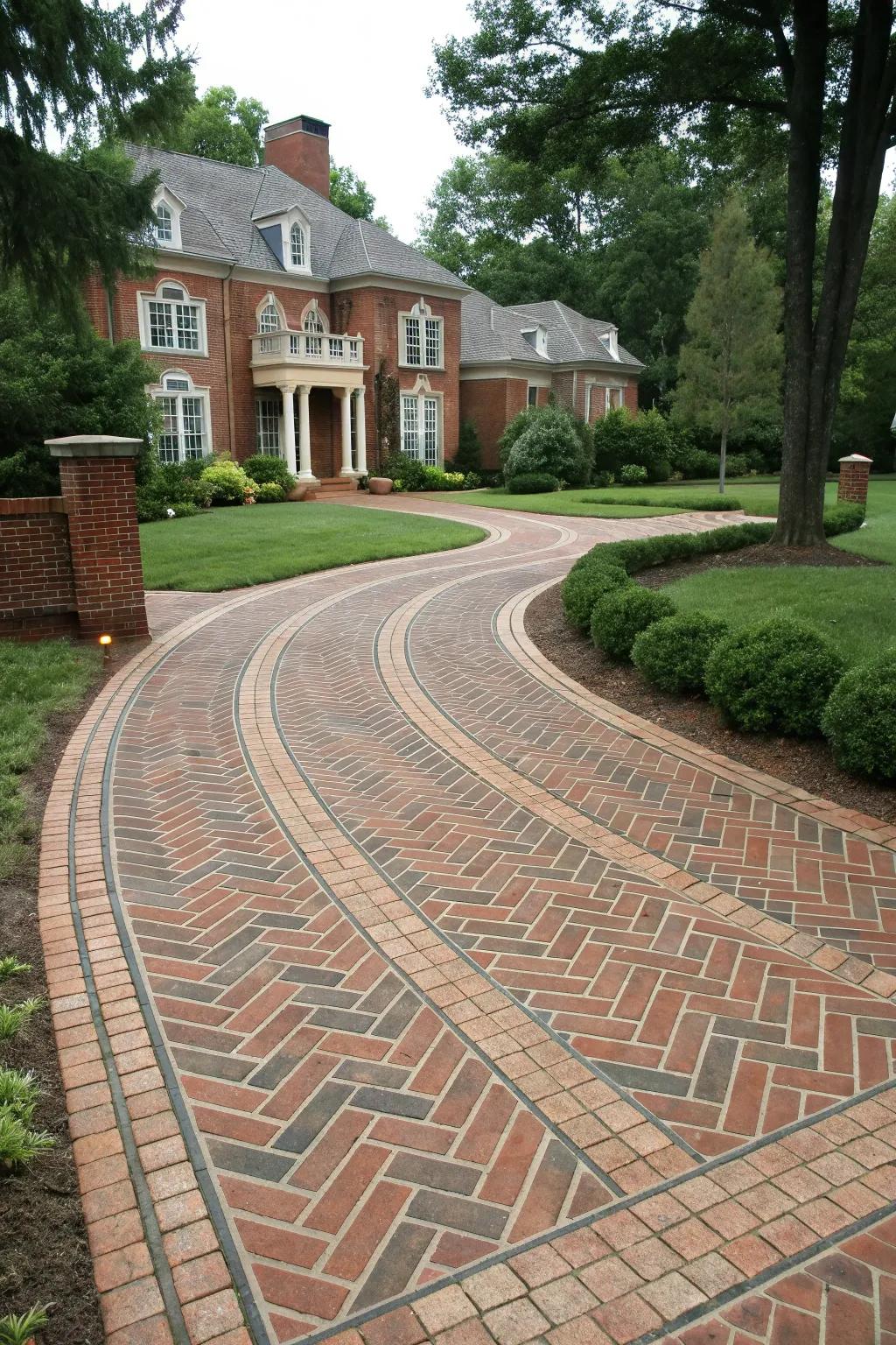 Craftsmanship at its finest: A grand entrance with a stunning brick driveway design.