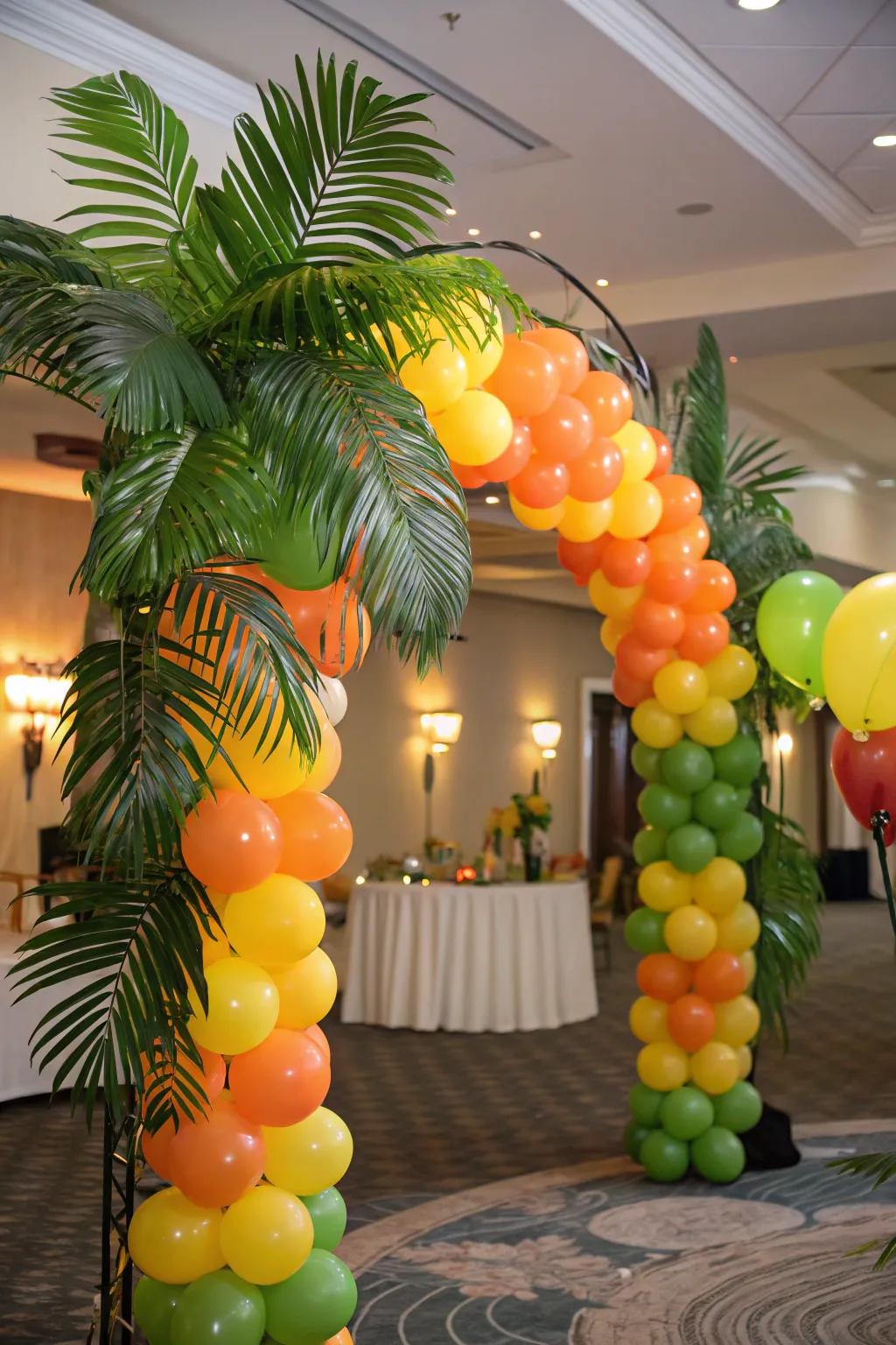 Vibrant tropical vibes with colorful balloons and foliage.