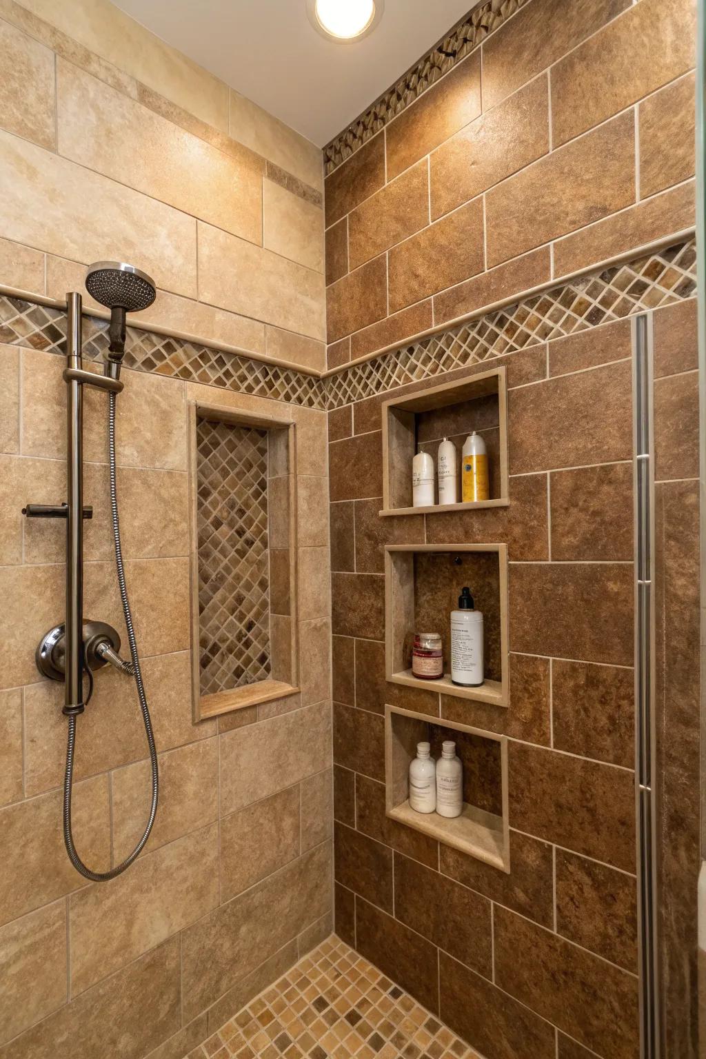 Niches add practicality and style to brown tile showers.
