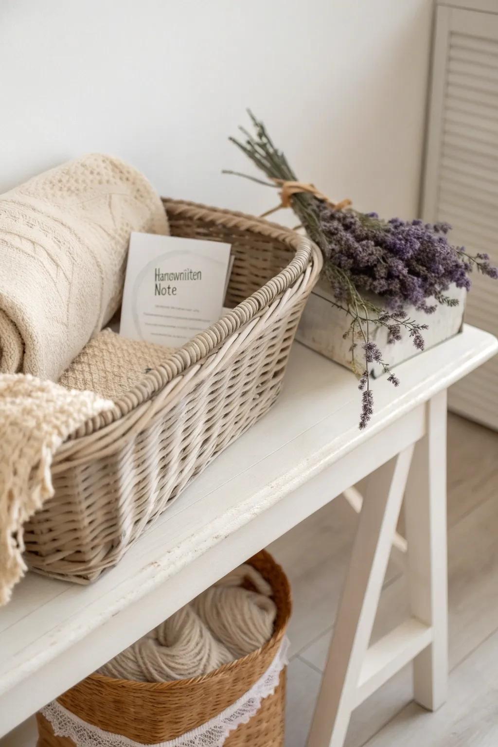 A heartfelt touch: A handwritten note amidst cozy textures in a minimalist boho basket.