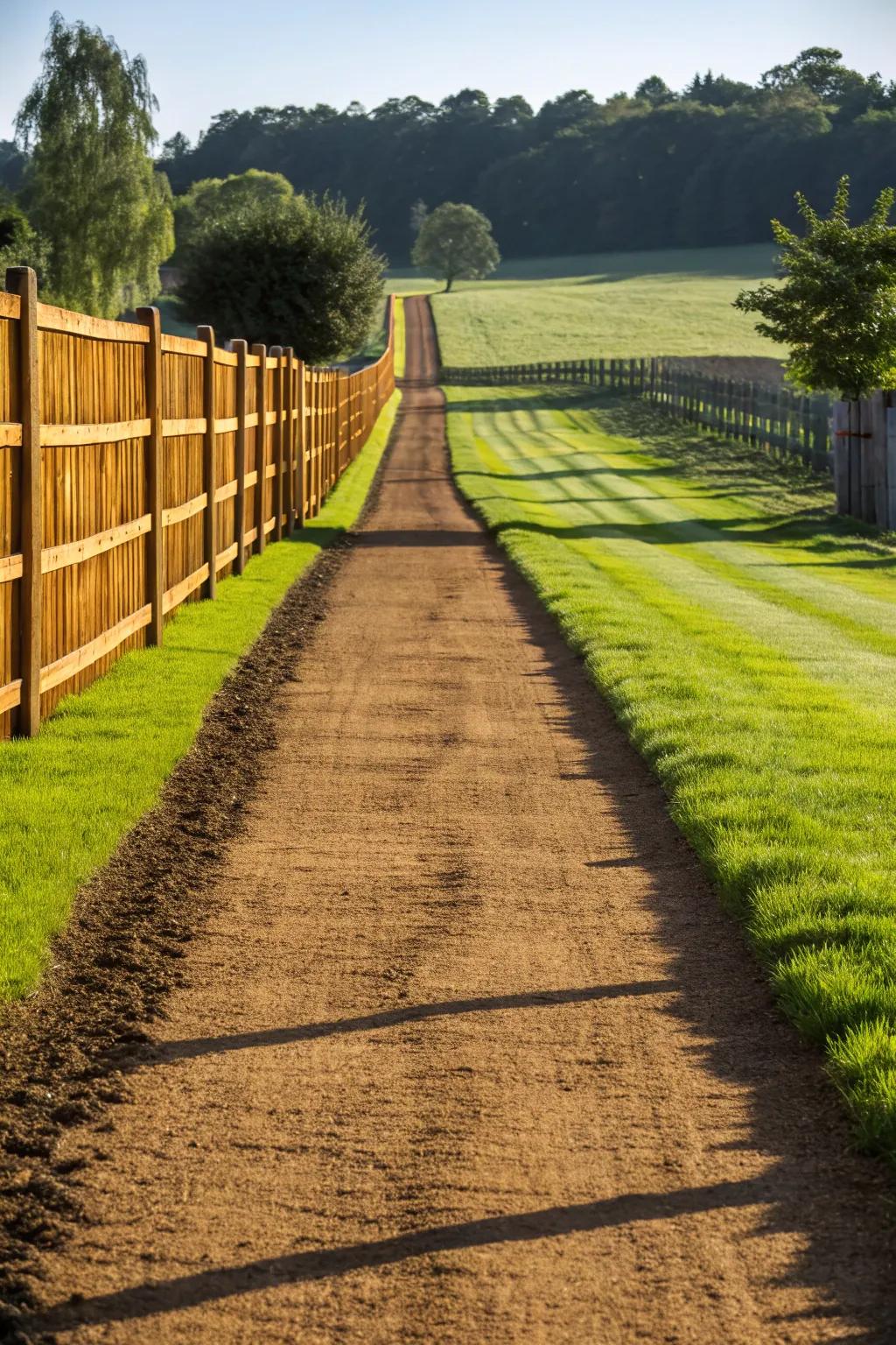 Embrace rustic charm with a beautifully compacted dirt driveway that embodies minimalist elegance and craftsmanship.